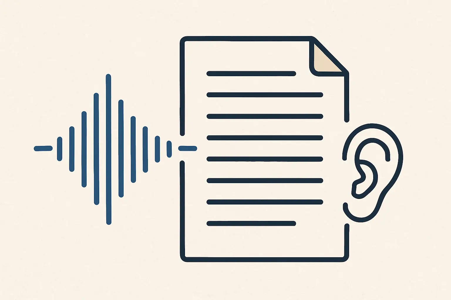 Soundwave transforming into lines of text on a document beside an ear icon