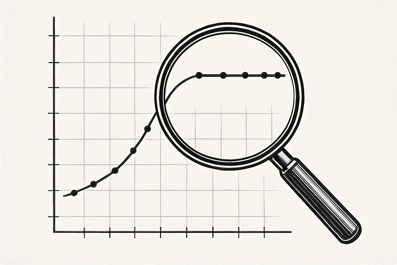 Magnifying glass examining a line graph that plateaus toward a saturation point