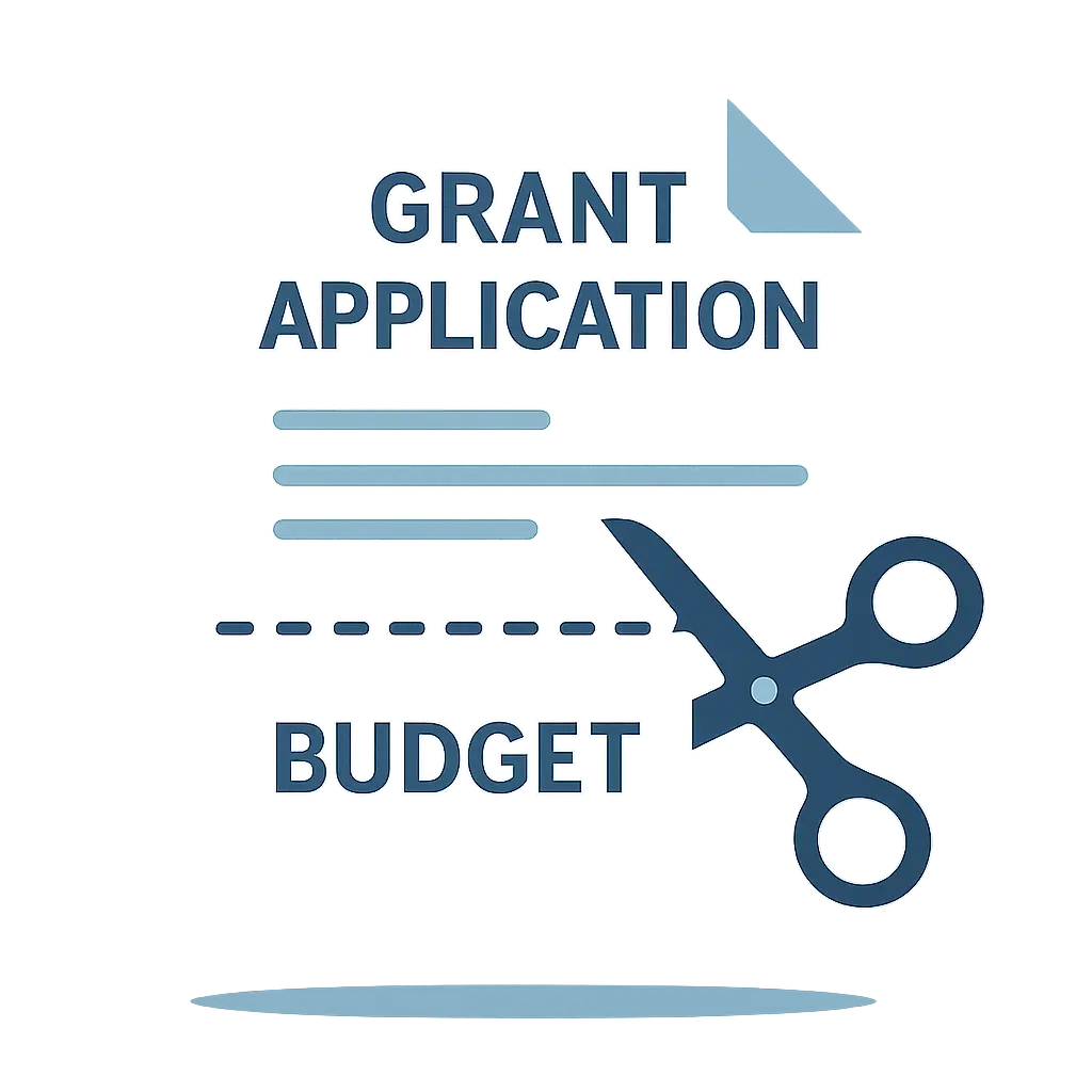Illustration of a grant application document with a budget line being cut by scissors