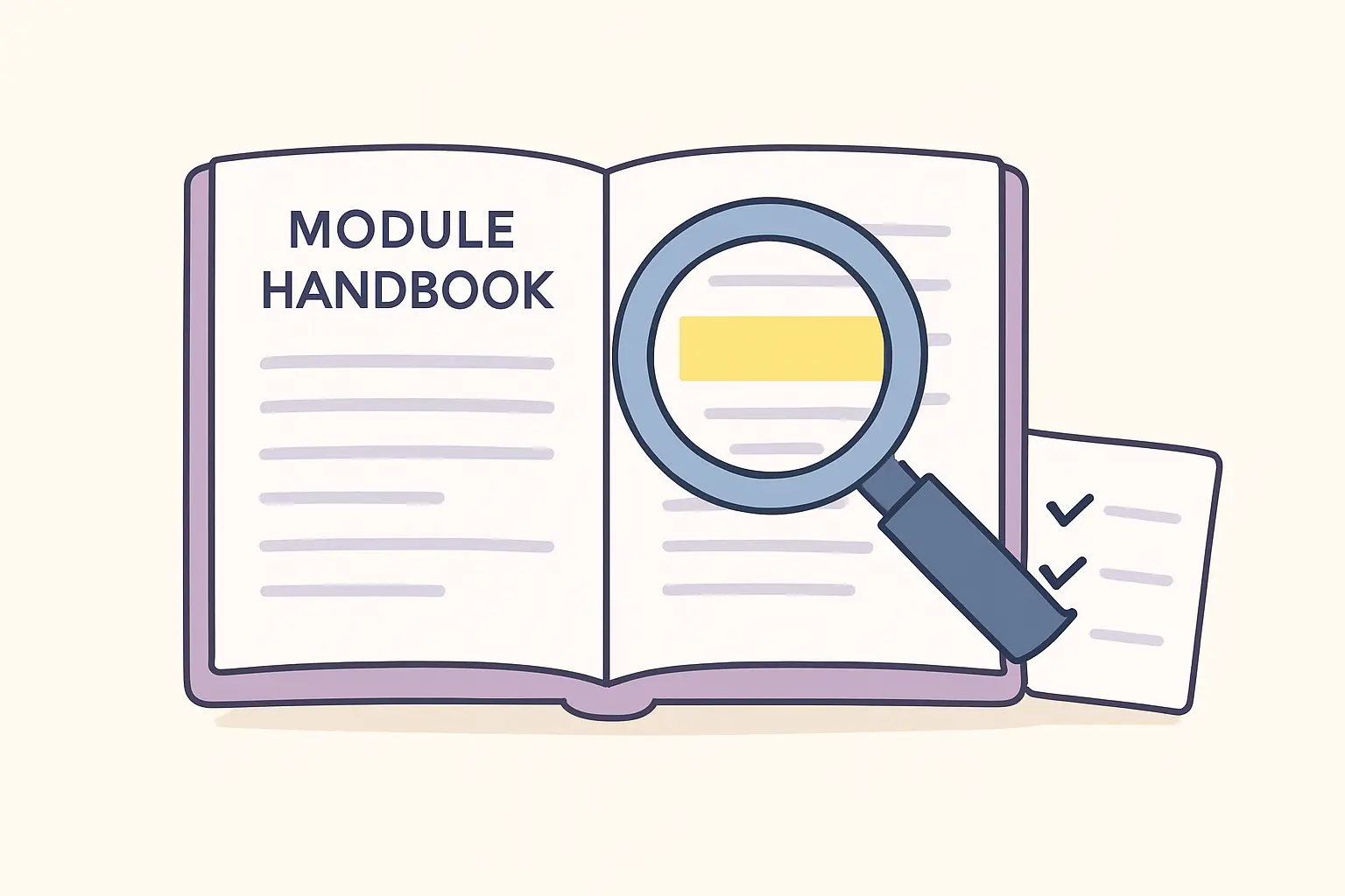 Flat vector illustration of a module handbook being examined with a magnifying glass alongside a checklist