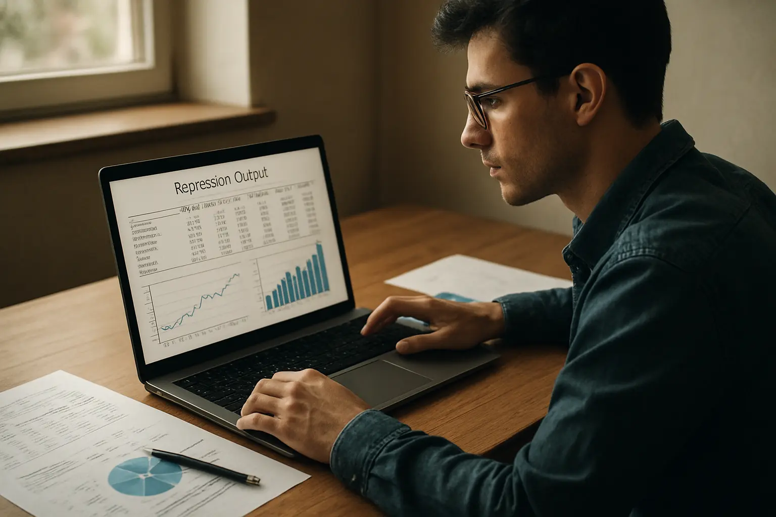 Economics student analyzing regression output and data charts on a laptop