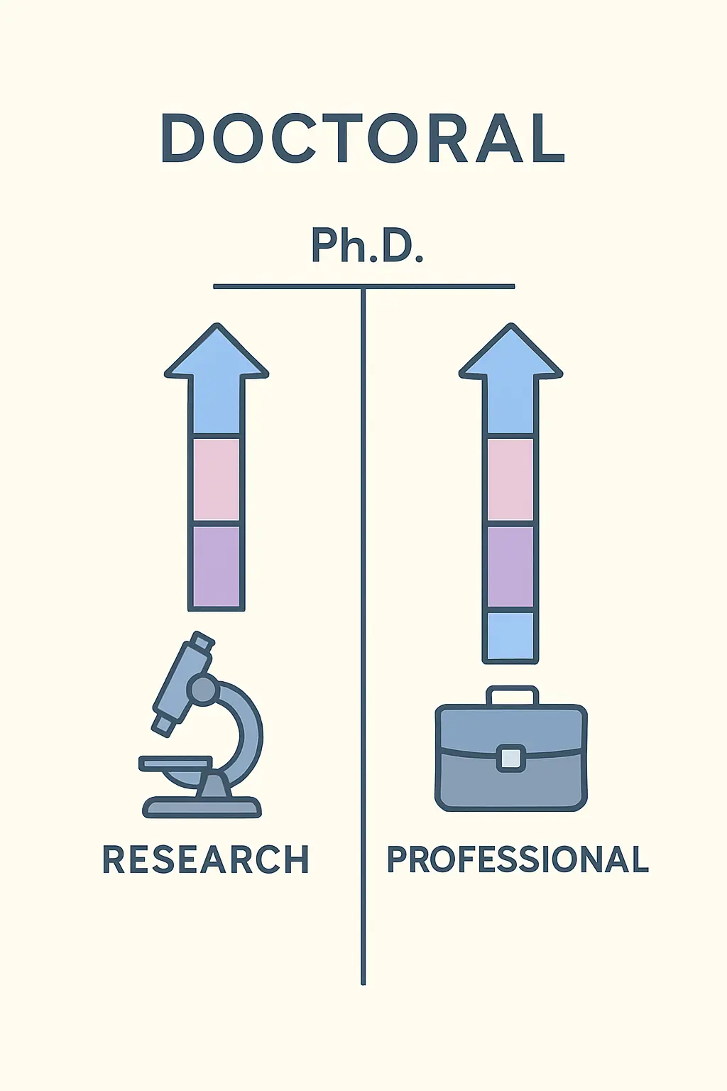 Flat vector diagram comparing the PhD research pathway and the professional doctorate practitioner pathway