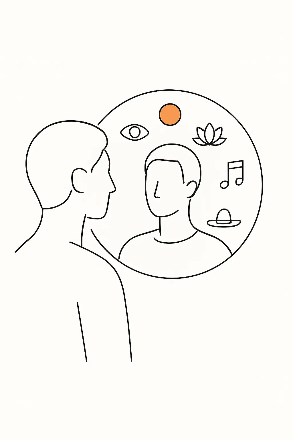 Minimalist line art of a researcher reflected in a lens, representing autoethnographic reflexivity
