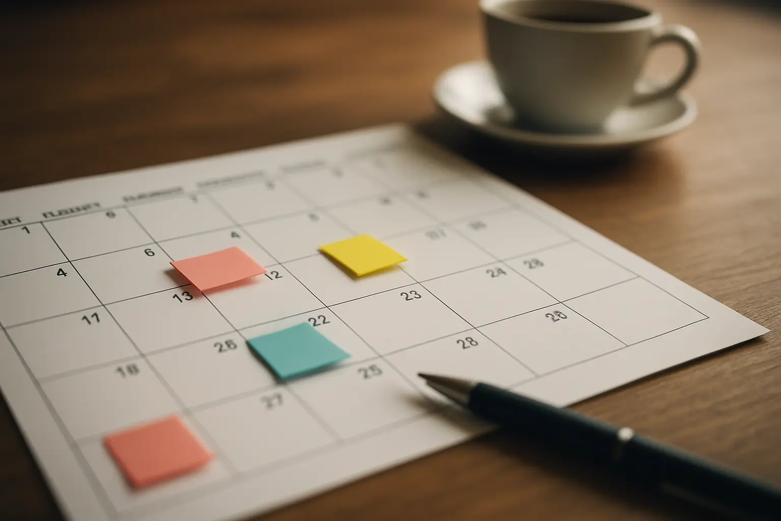 Desk planner with coloured sticky notes marking dissertation milestones for a compressed conversion masters timeline