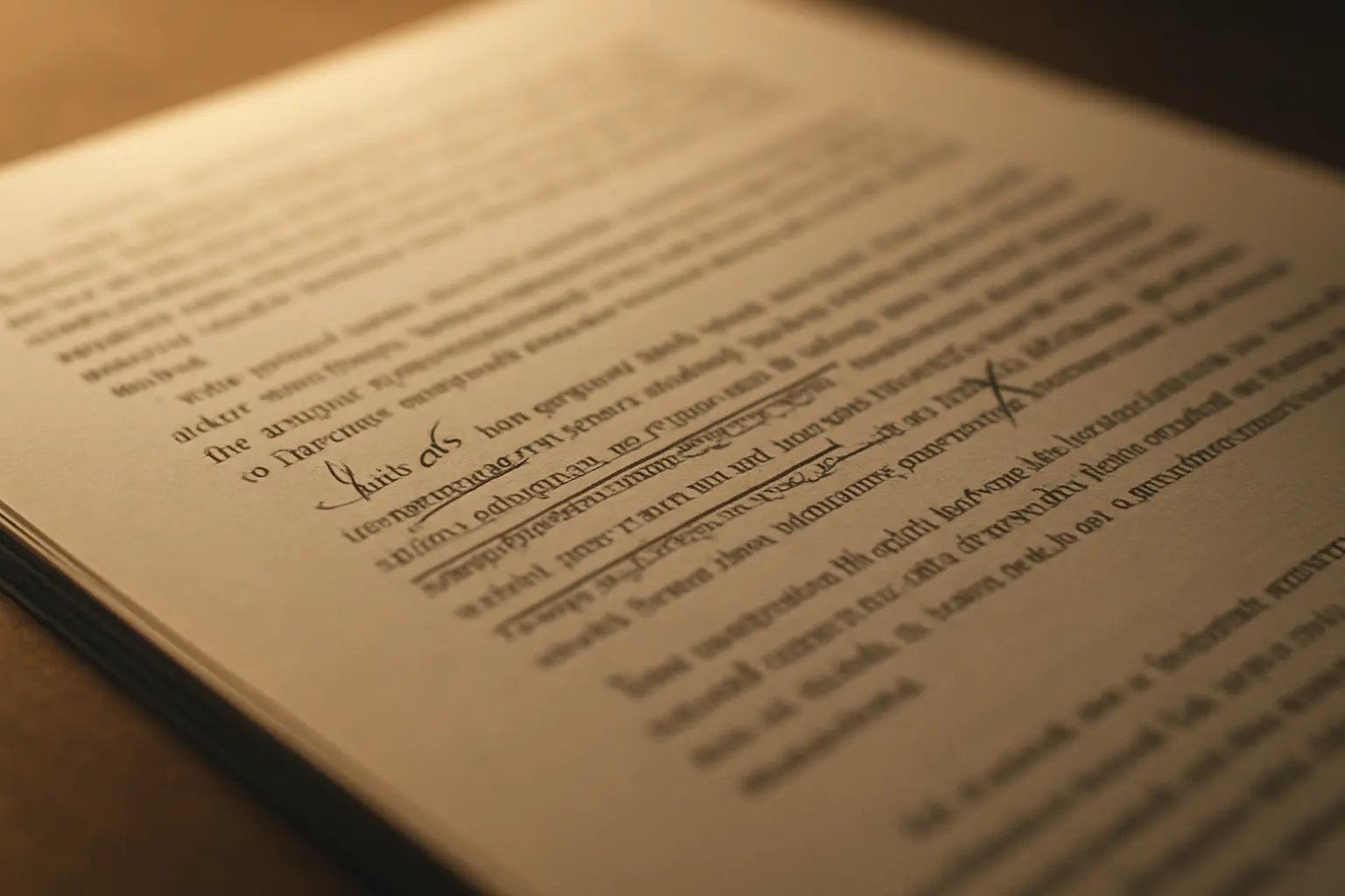 Close-up of a printed thesis conclusion draft being hand-edited with pen markup