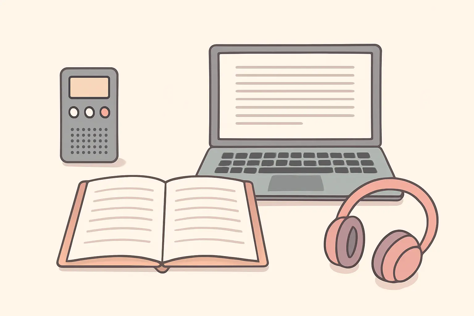 Flat vector illustration of a journalist's desk with recorder, notebook, laptop and headphones