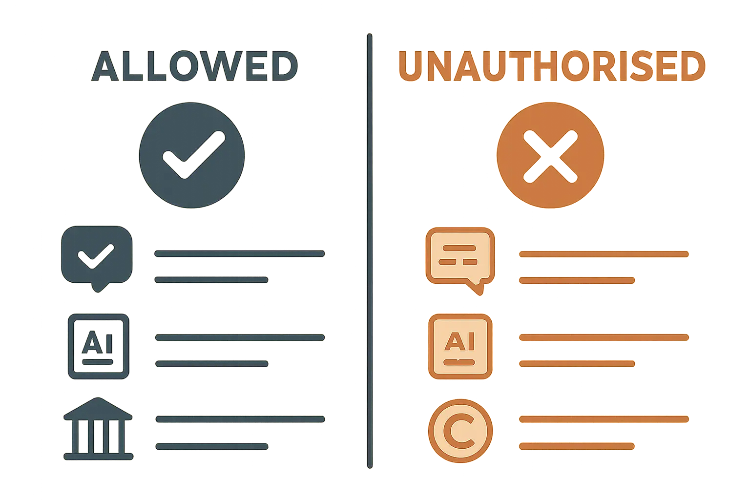 Comparison illustration of allowed versus unauthorised AI use cases for academic essays