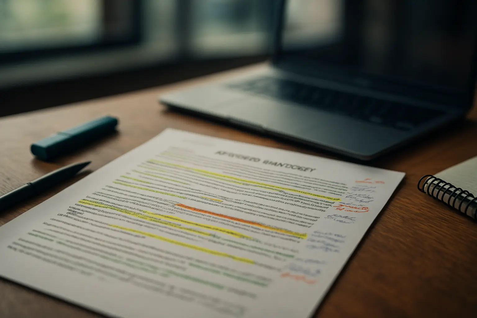 Annotated interview transcript with highlighter marks representing first-pass qualitative coding