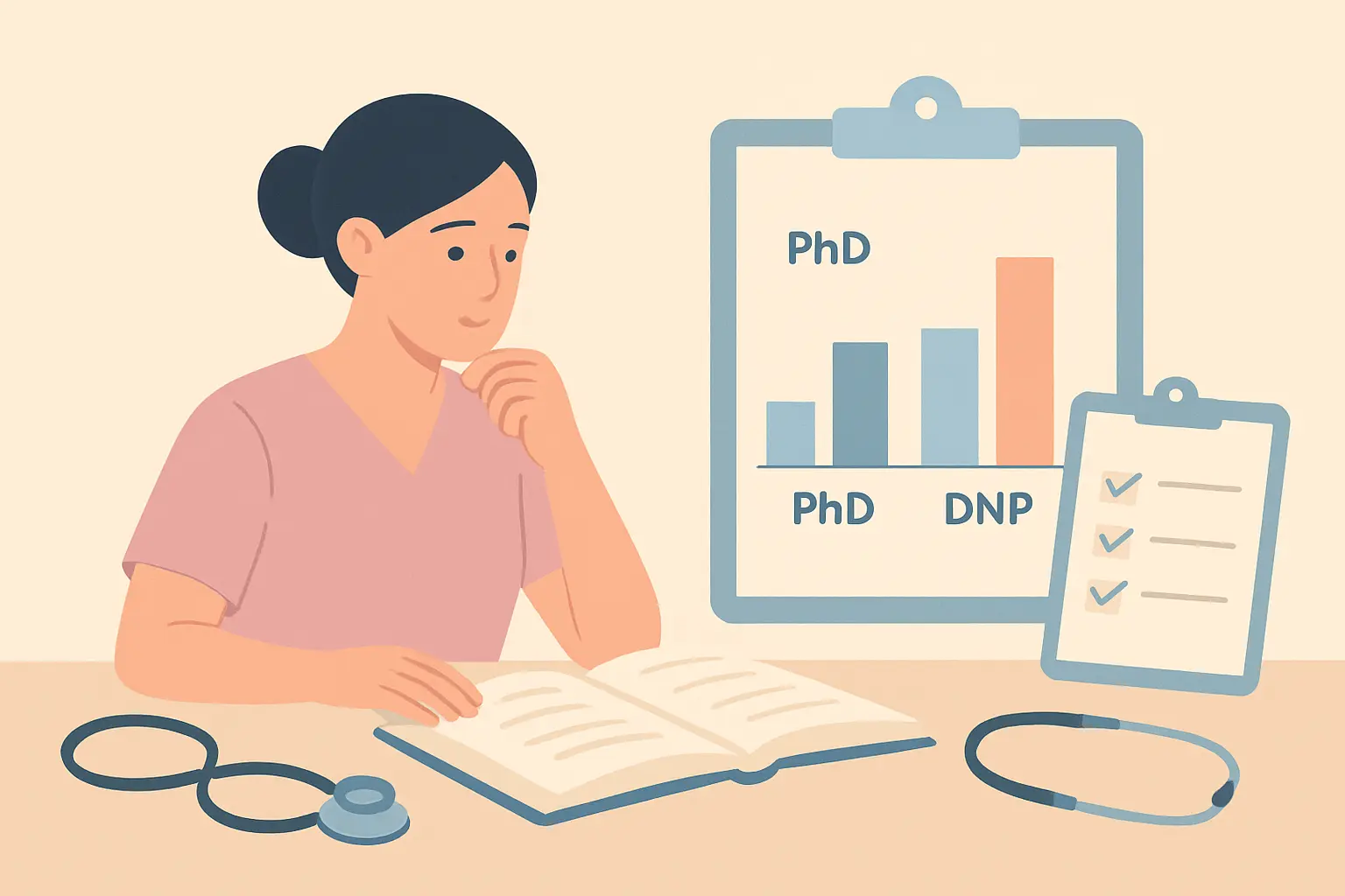 Nursing PhD student reviewing a bar chart comparing PhD and DNP completion rates