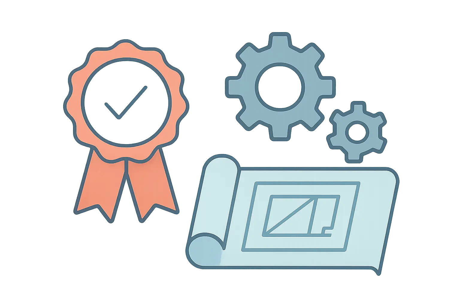 Flat vector illustration of an accreditation badge alongside gears and a technical drawing representing chartered engineering status