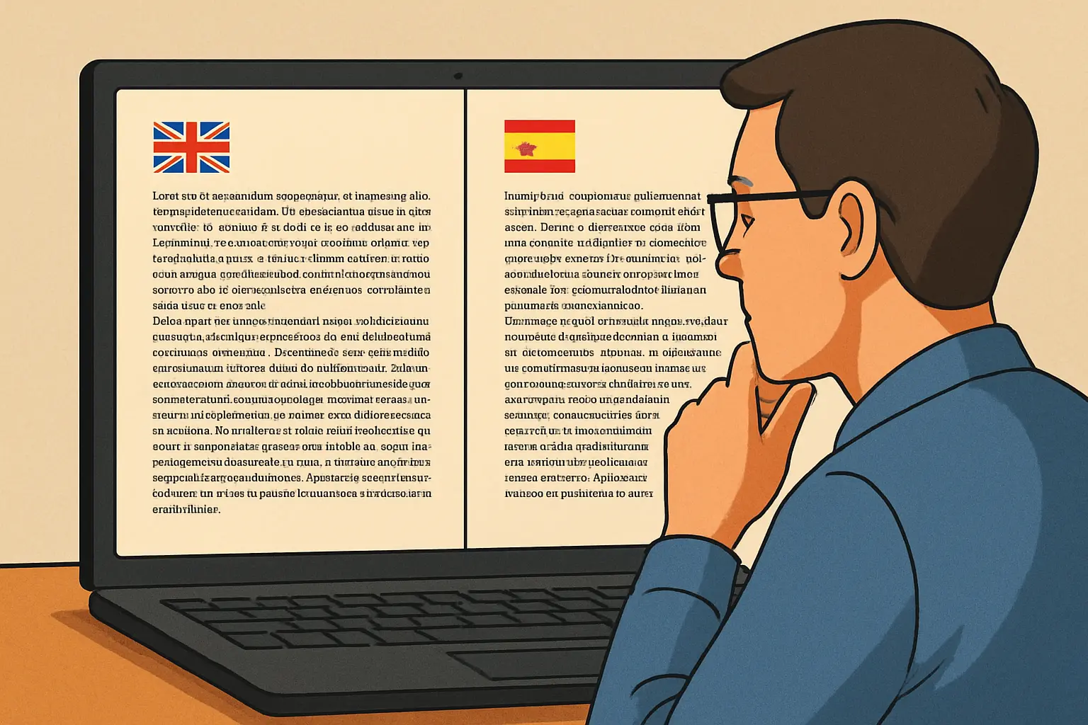 Laptop screen comparing two AI translation tool outputs side by side with language flag icons