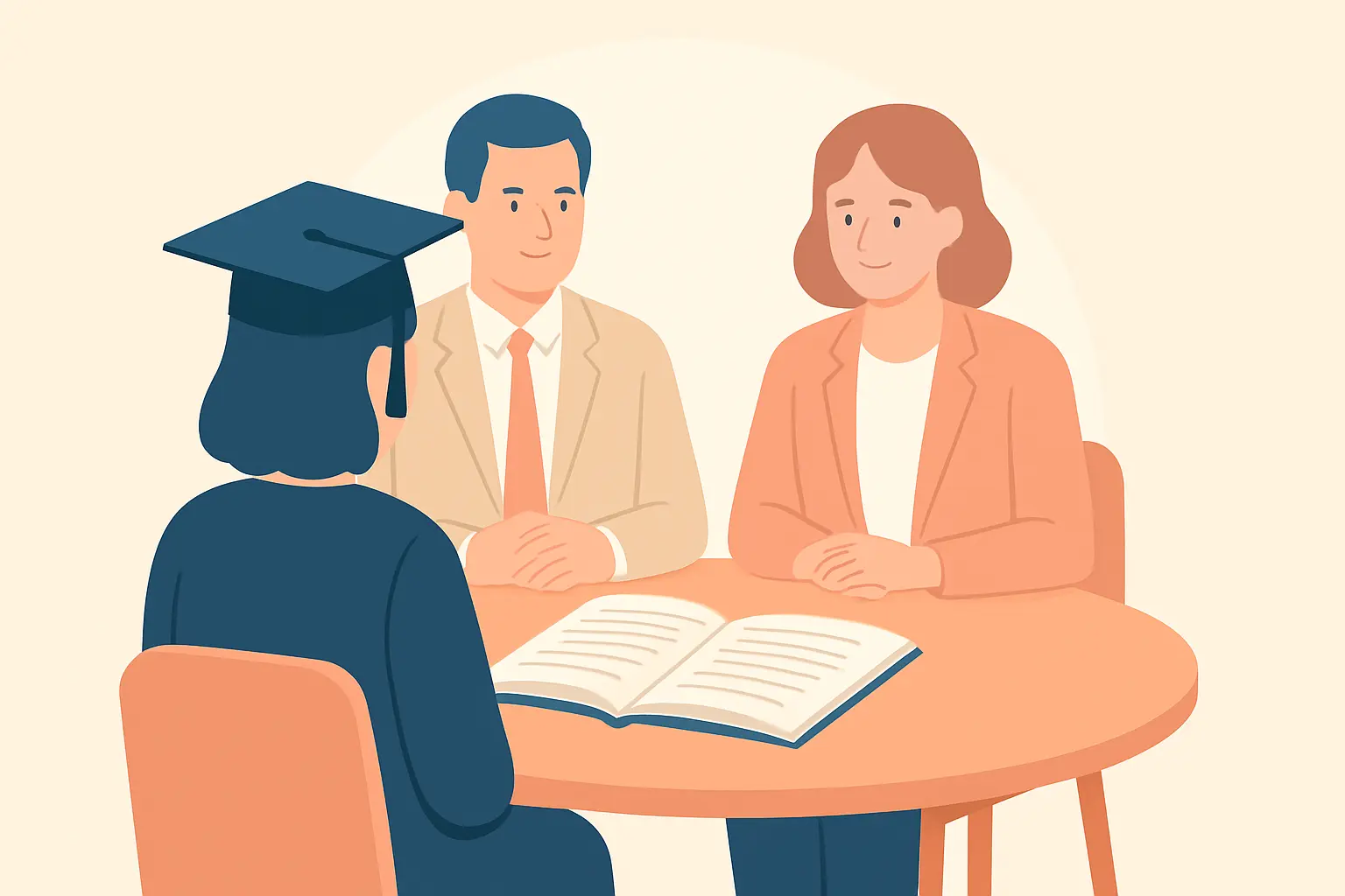 Pastel flat vector illustration of a doctoral candidate facing two examiners at a viva voce oral examination