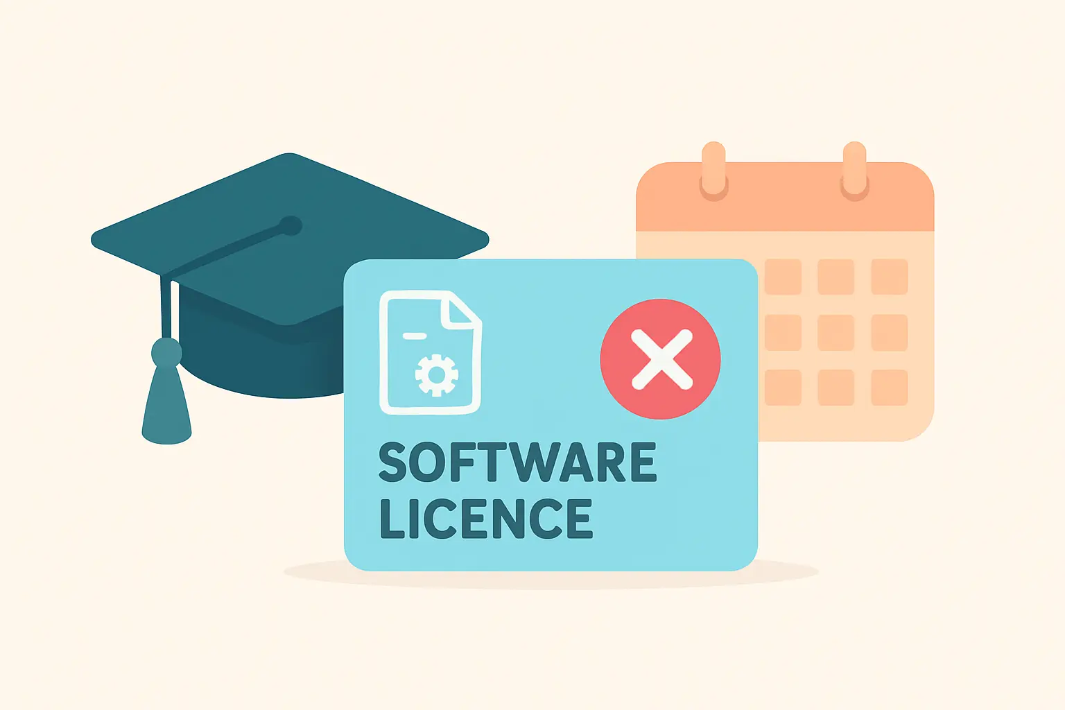 Flat vector illustration of an institutional software licence expiring when a student graduates