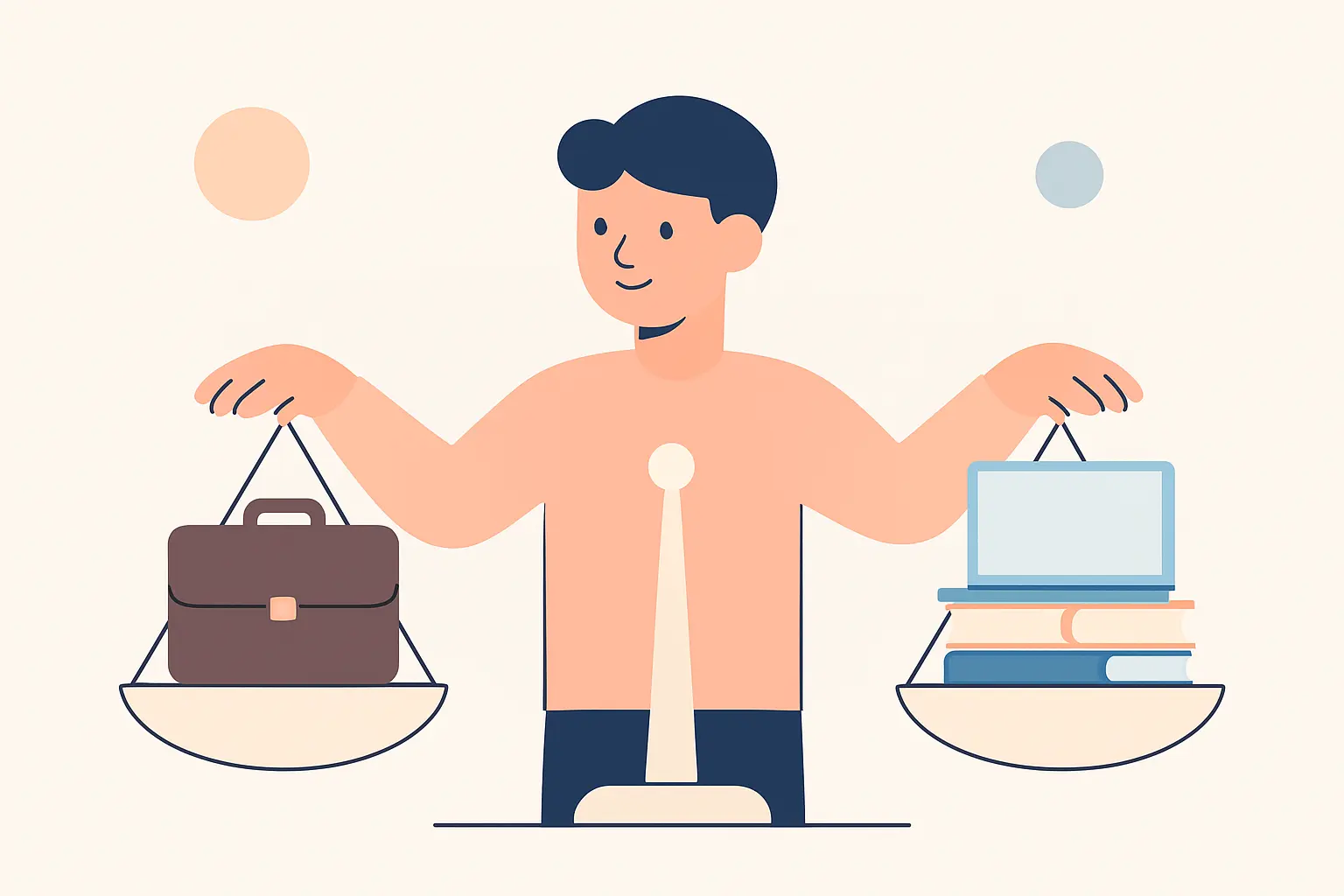 Flat vector illustration of a part-time doctoral researcher balancing employment and thesis writing
