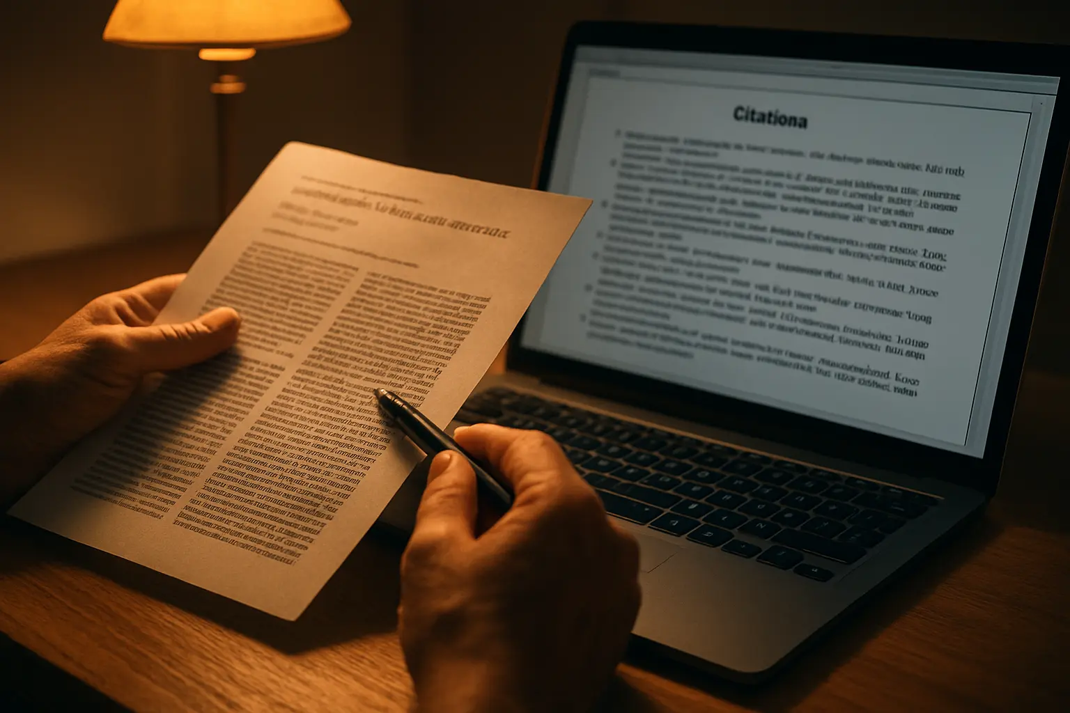 Close-up of a student cross-referencing a printed academic journal article with a laptop screen