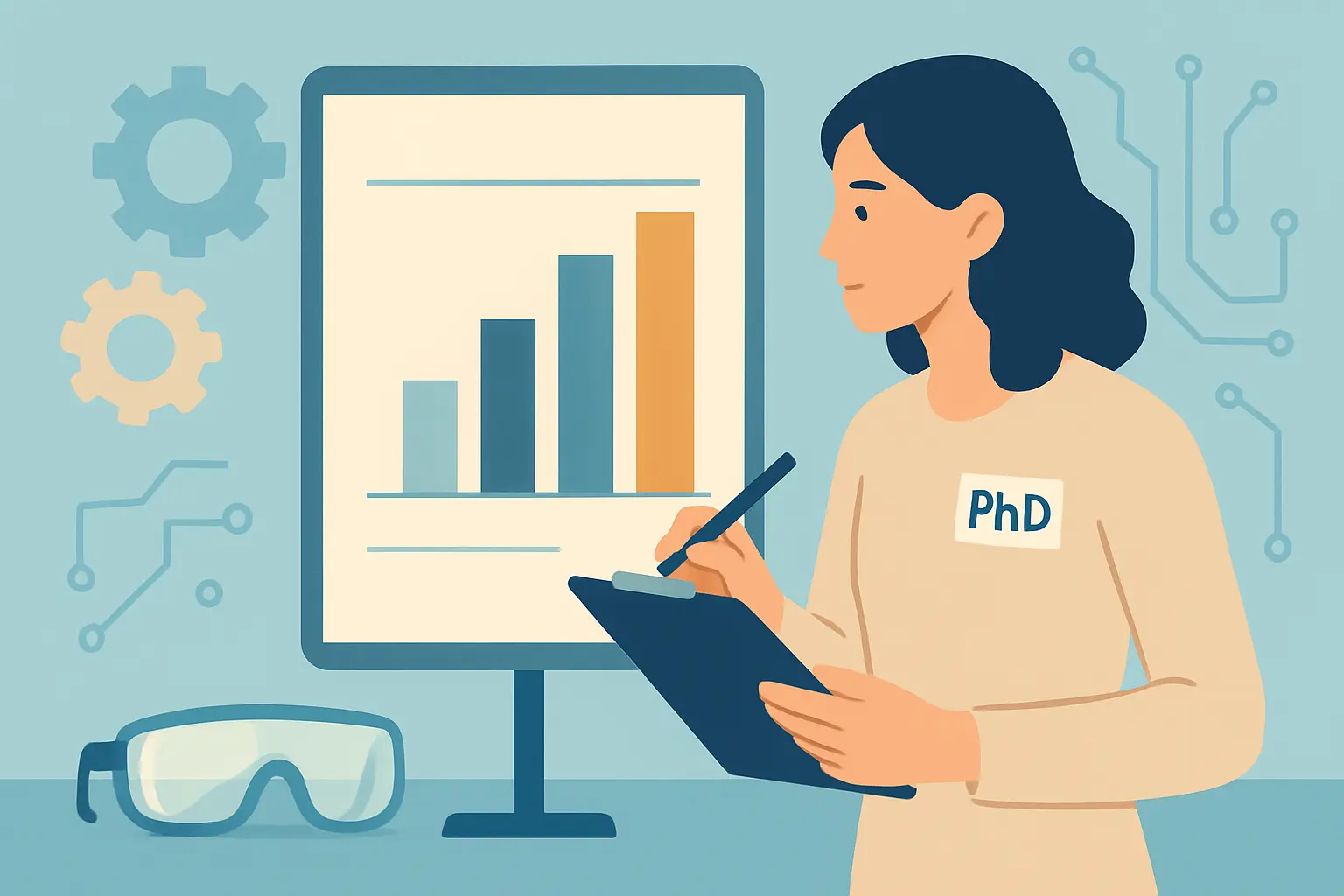 Engineering PhD student reviewing a funding and completion rate chart in a lab setting
