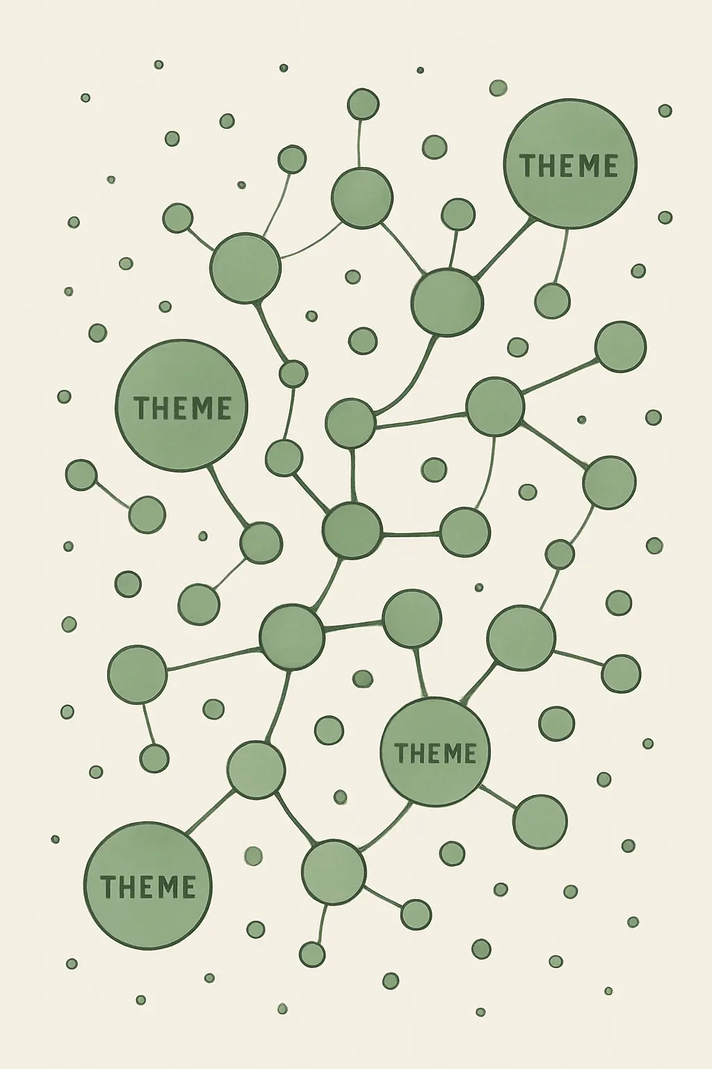 Organic network of interconnected theme nodes emerging from raw qualitative data points