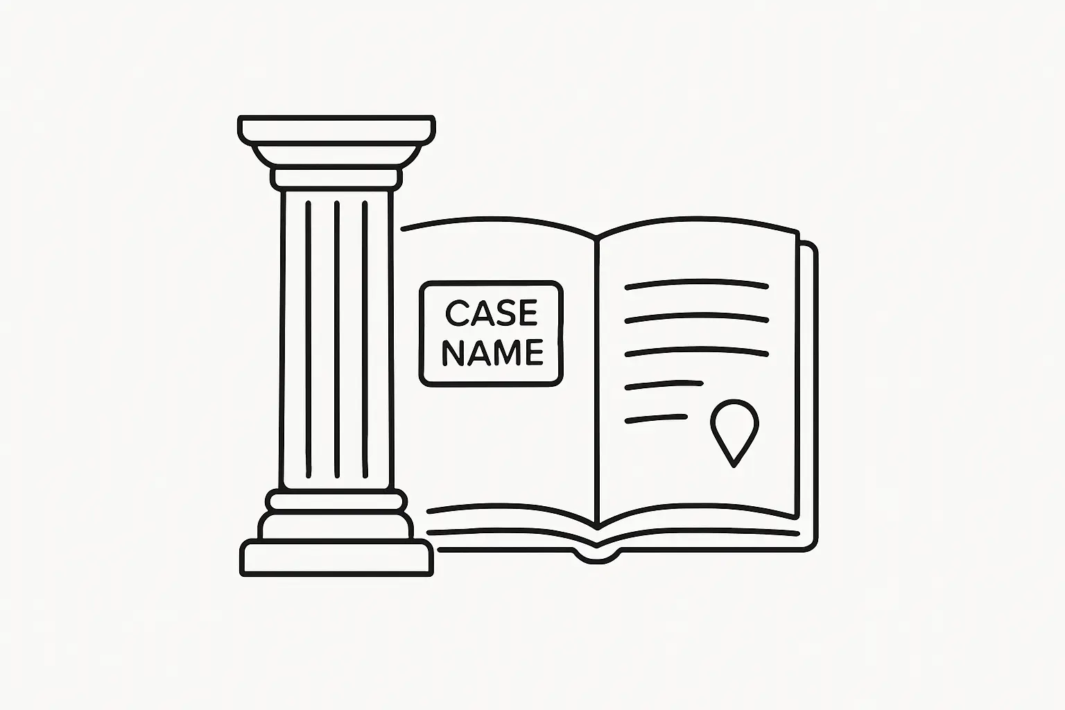 Line art illustration of a courthouse column and open law reporter book representing case citation structure