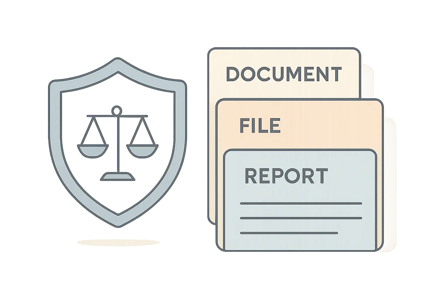 Flat vector illustration of a shield with balance scales beside labelled document tabs representing legal and ethical checks