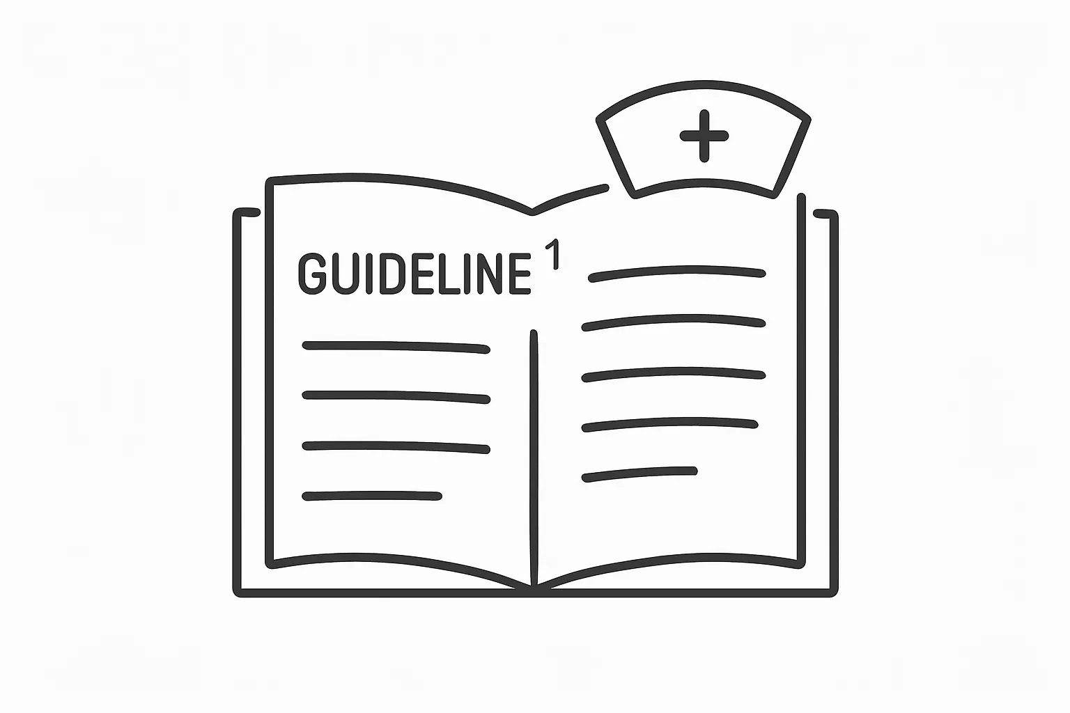 Line art illustration of an open clinical guideline document and nurse's cap representing citing clinical guidelines