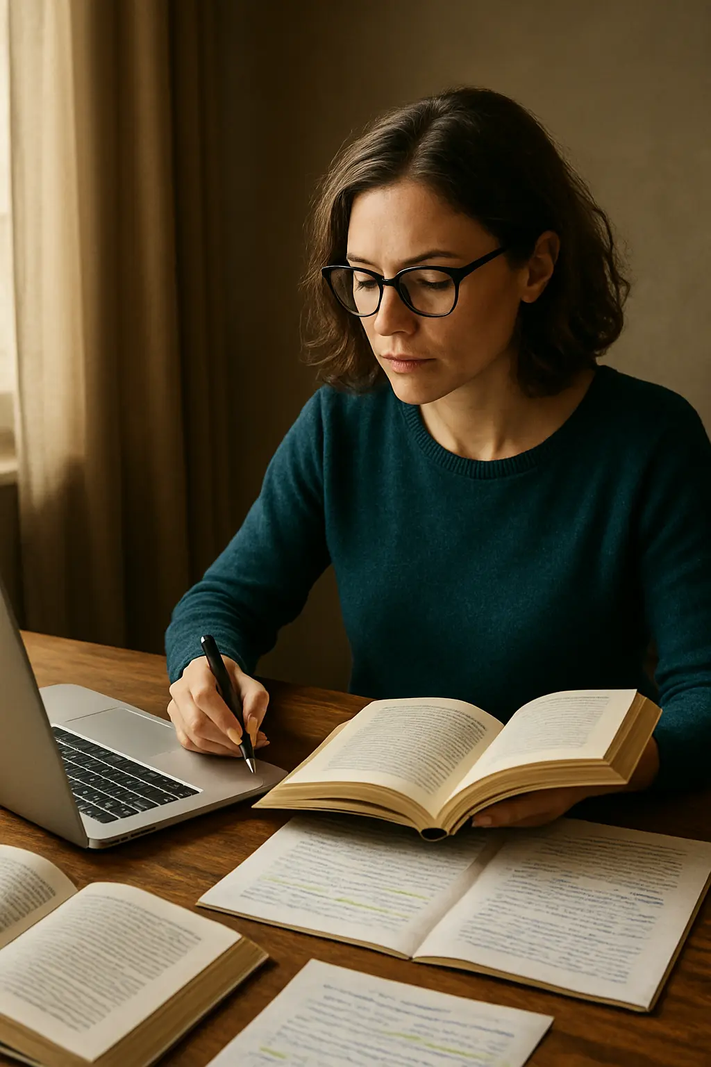 Education researcher reviewing literature and notes at a desk with a laptop
