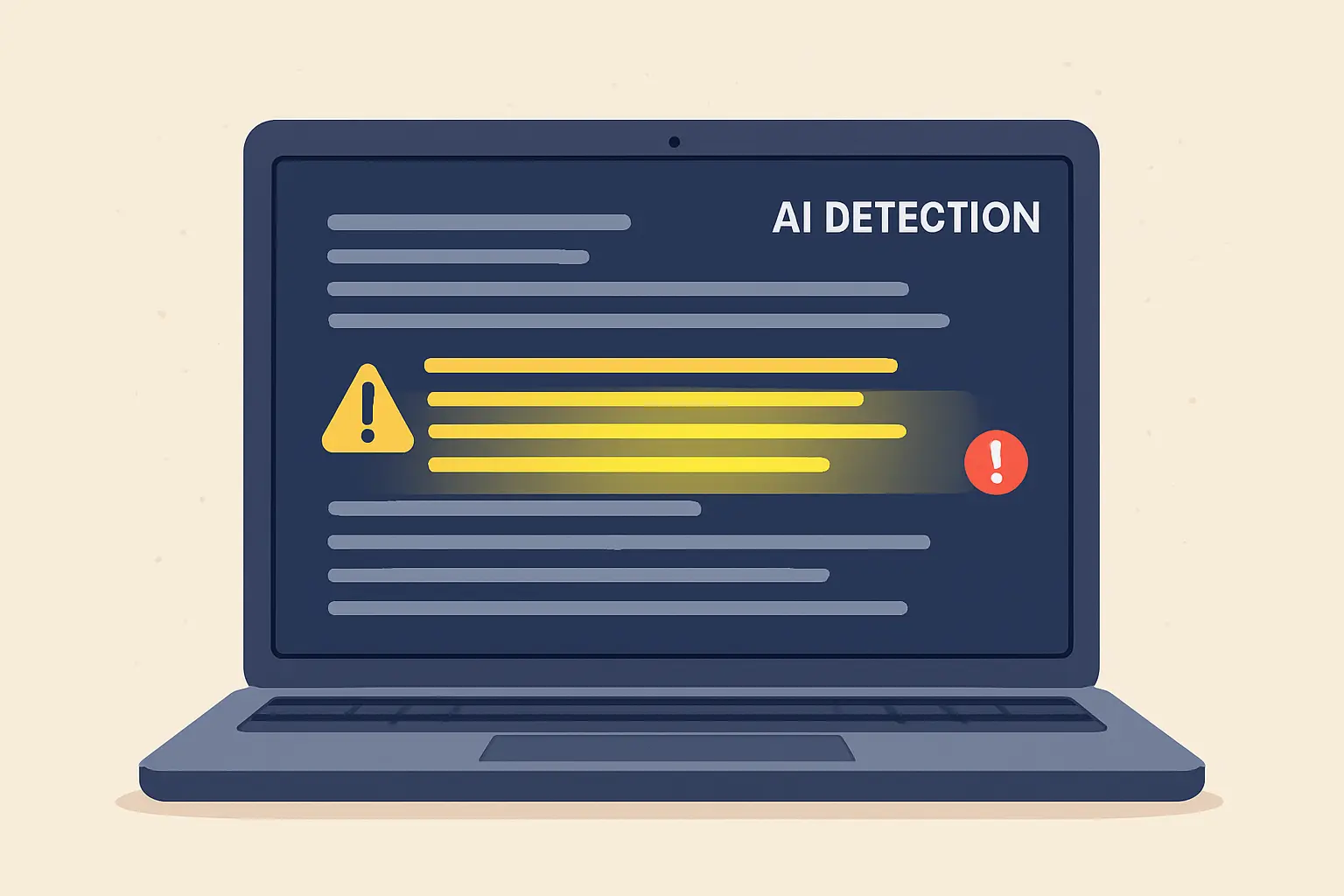 Illustration of a laptop displaying a text document with scan lines highlighting sections, symbolizing plagiarism and AI detection