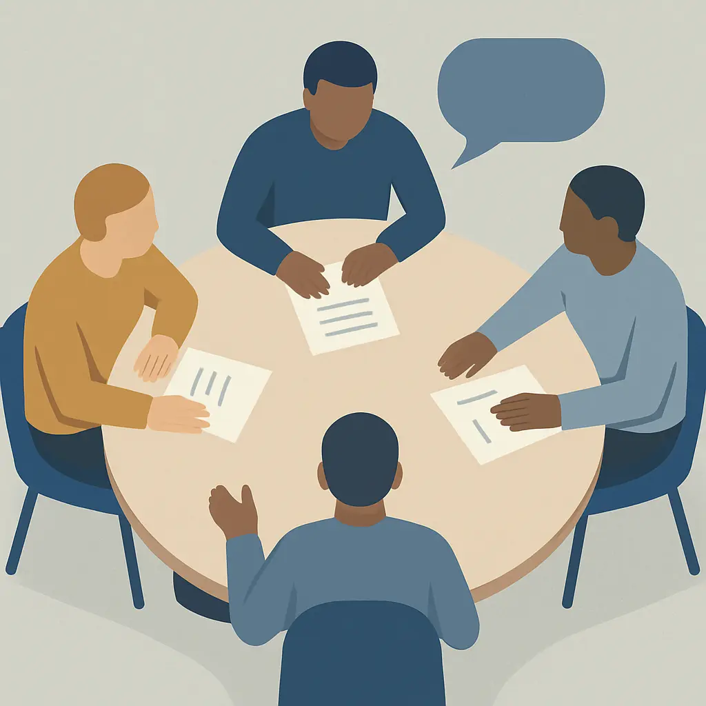 Editorial illustration of a round table discussion representing a moderated academic focus group session