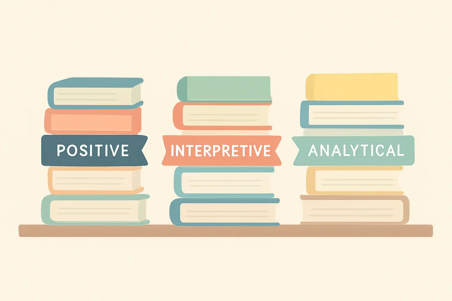 Pastel flat vector illustration of three book stacks with ribbons representing different schools of historical thought