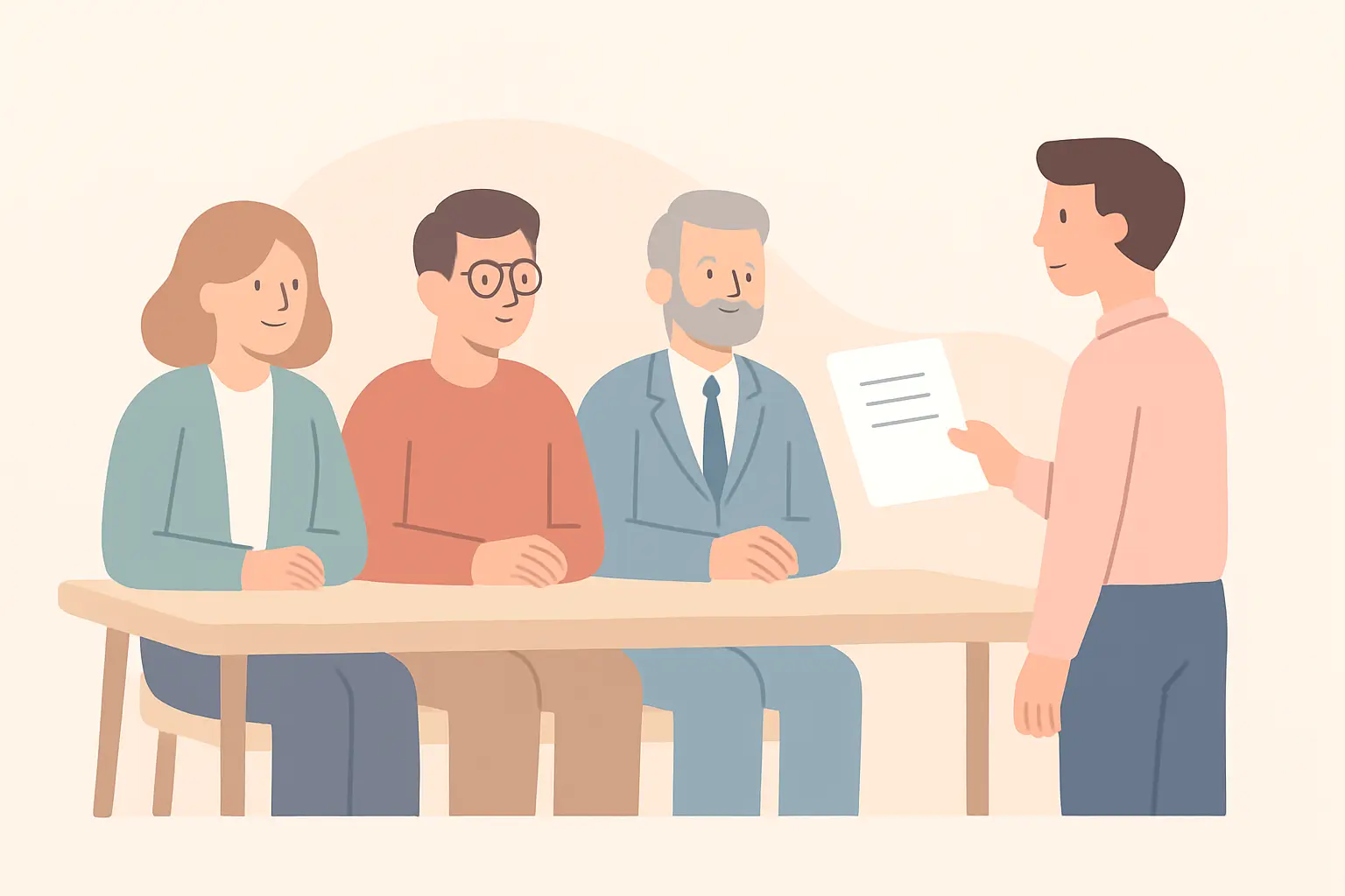 Flat vector illustration of a doctoral progression review panel meeting with a candidate