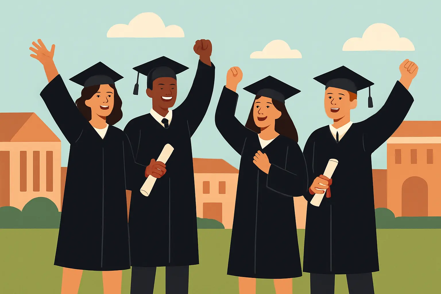 Graduate students in caps and gowns celebrating at an academic graduation ceremony