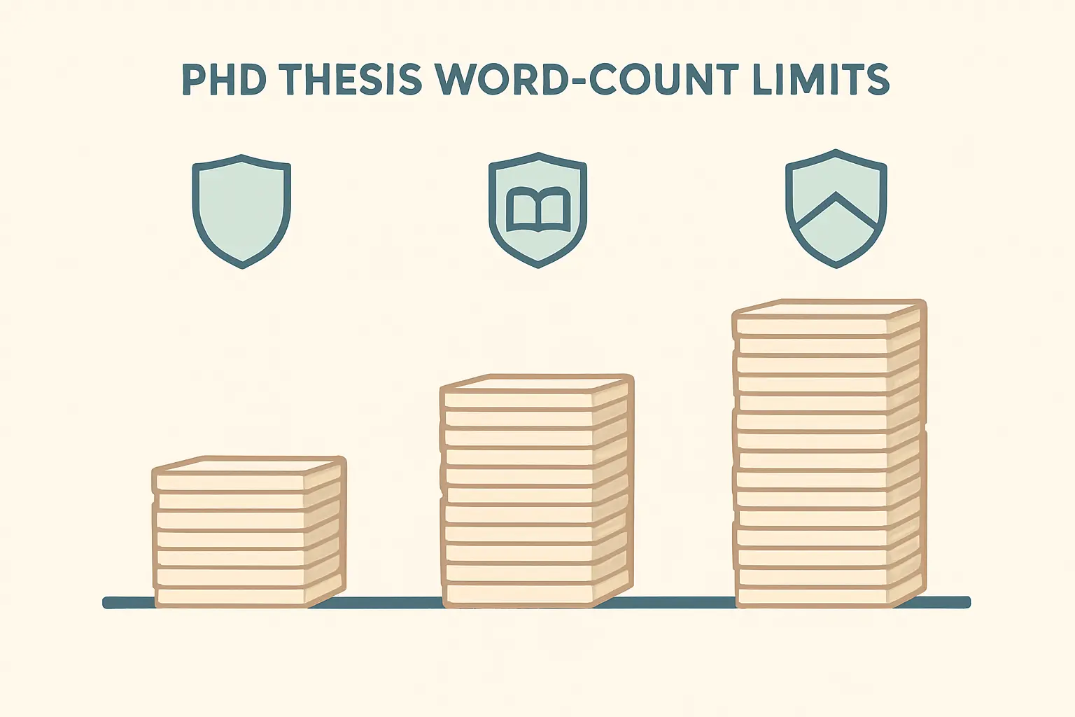 Pastel flat vector illustration of a bar chart comparing manuscript stack heights representing differing PhD thesis word limits