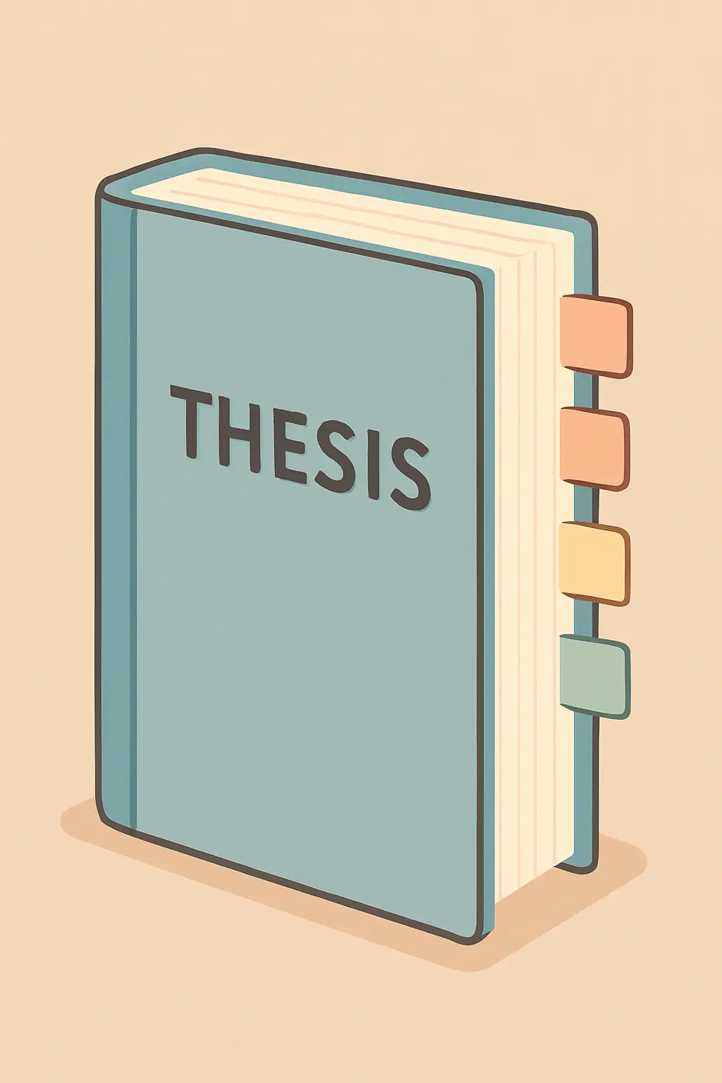 A thick hardcover thesis book standing upright with visible chapter tabs and a labelled spine