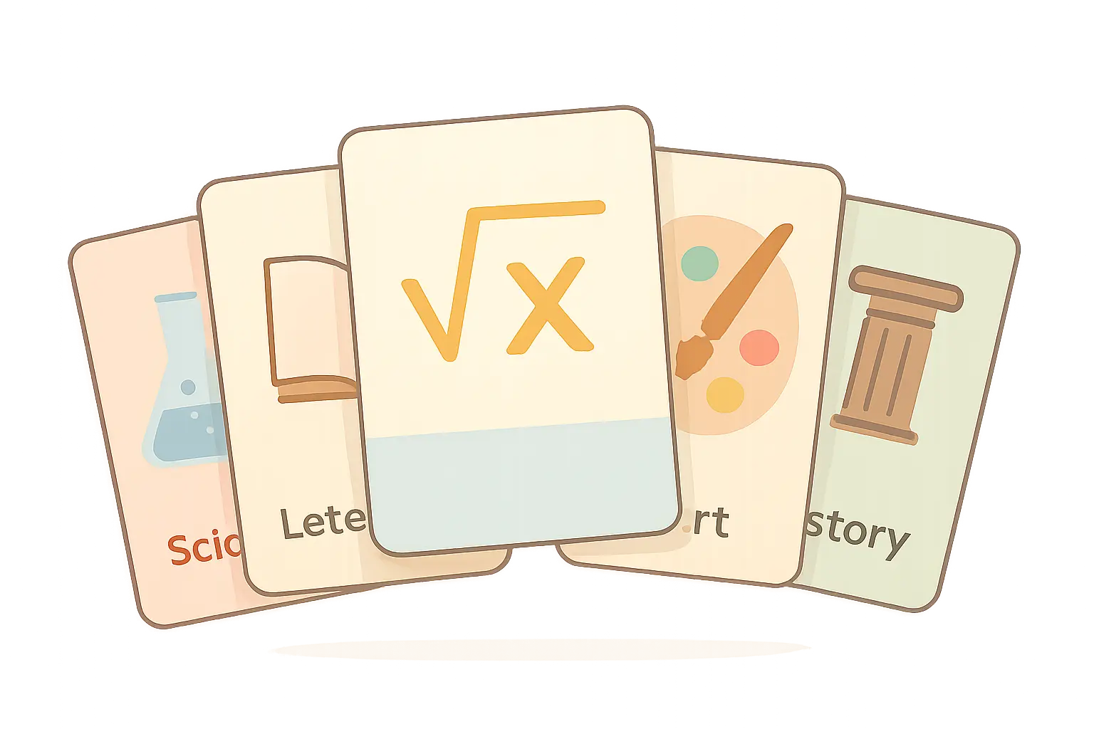 Flat vector illustration of subject benchmark cards fanned out with one lifted forward