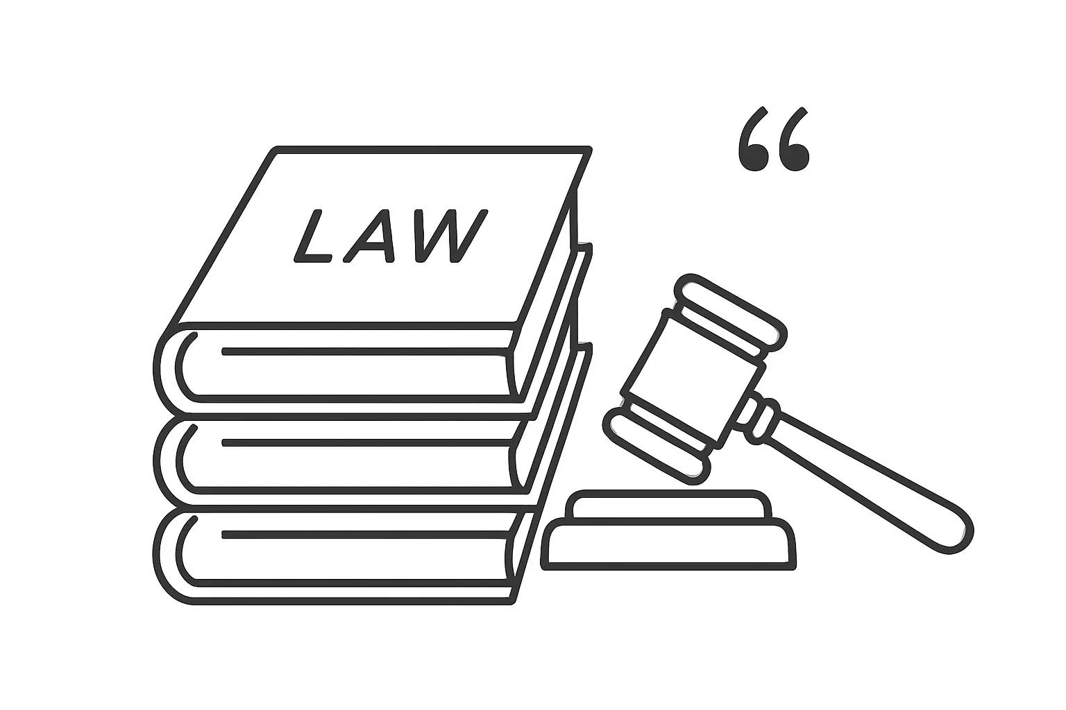 Line art illustration of stacked law books, a gavel, and footnote marks representing legal citation
