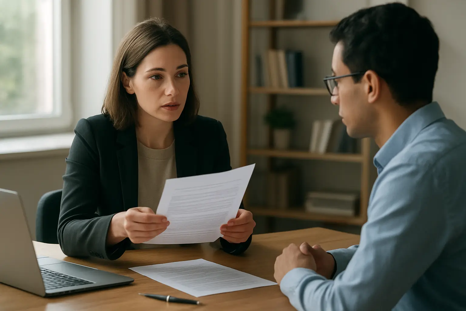 Student and supervisor discussing a dissertation proposal across a desk in a university office