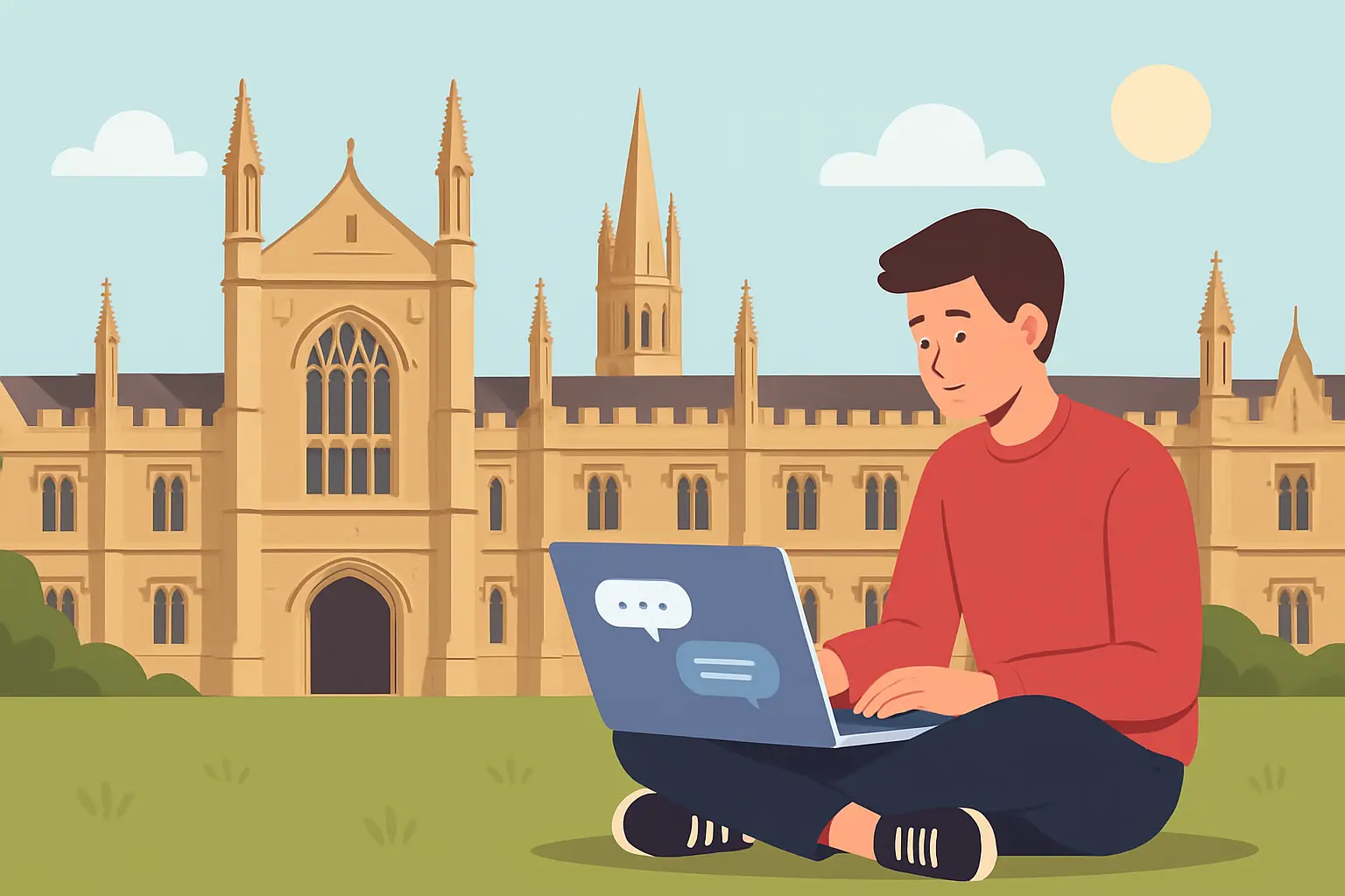 Student outside an Oxford college building using a laptop with an AI chat tool, illustrating Oxford's AI policy