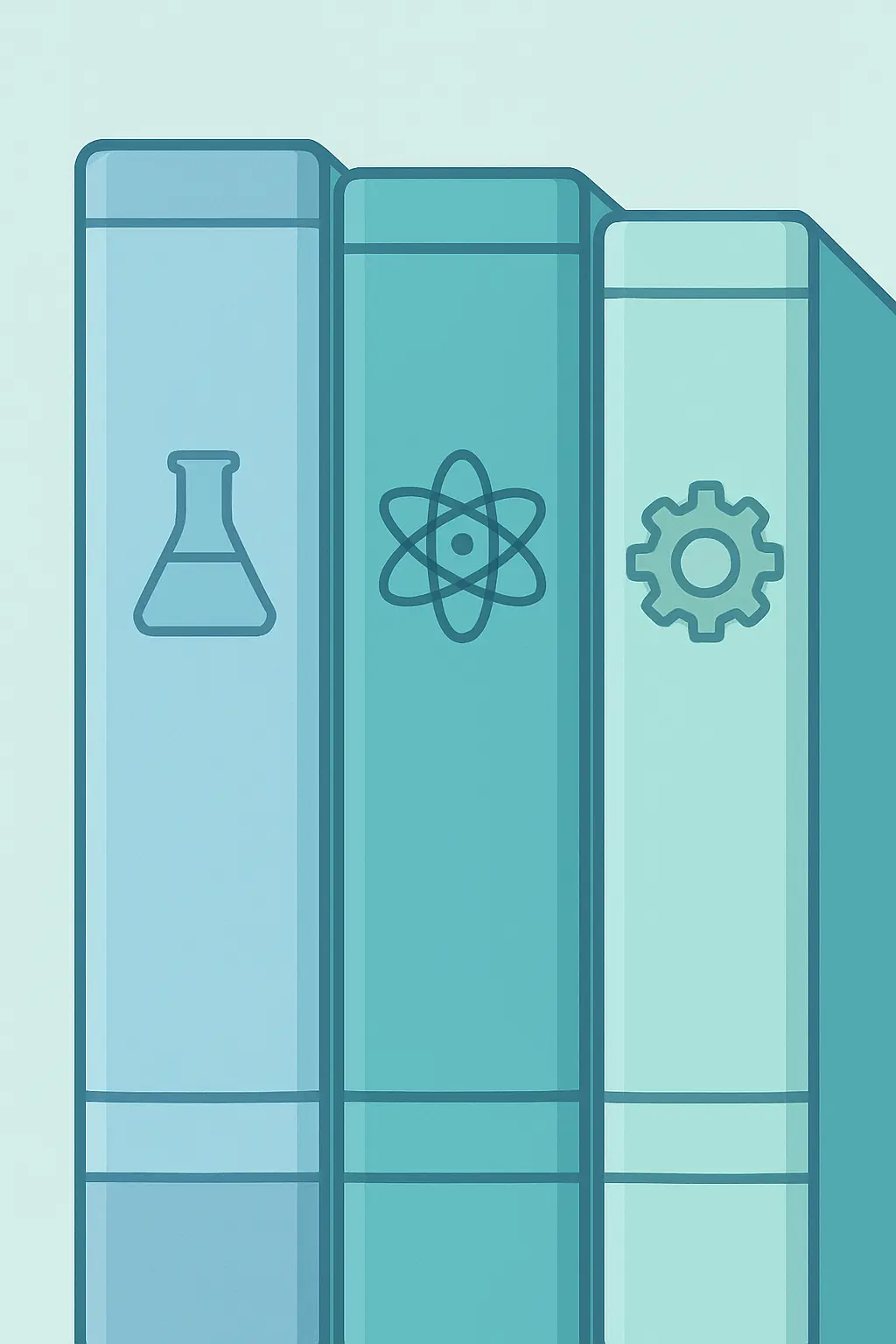 Close-up of book spines in blue and teal tones representing science and STEM dissertation titles