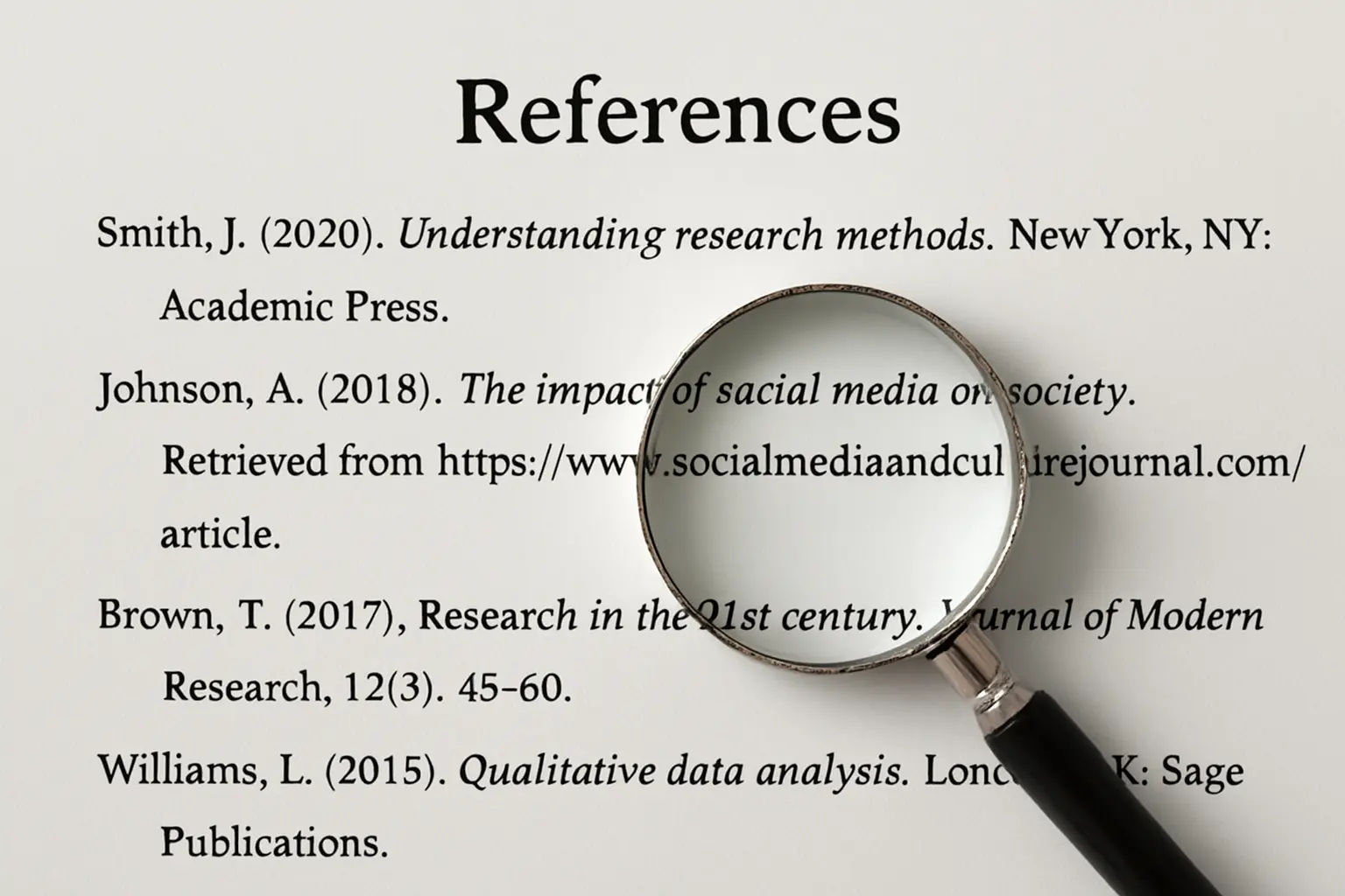 Reference list page with hanging indent formatting and a magnifying glass reviewing a URL