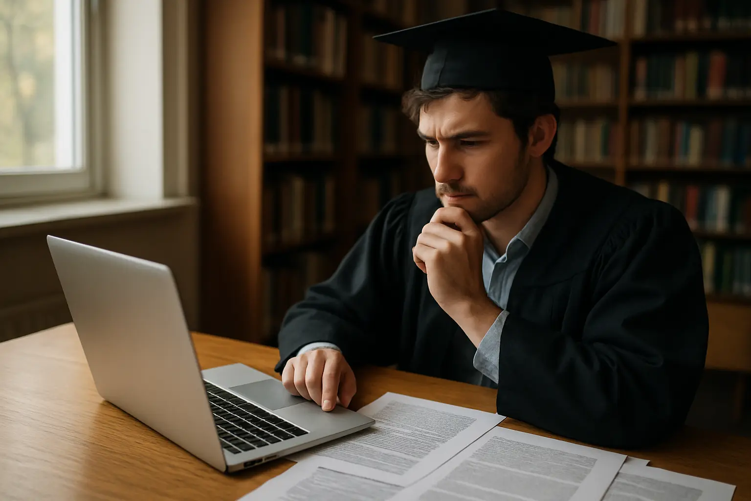 Graduate student comparing an AI-generated draft with printed research papers at a library desk