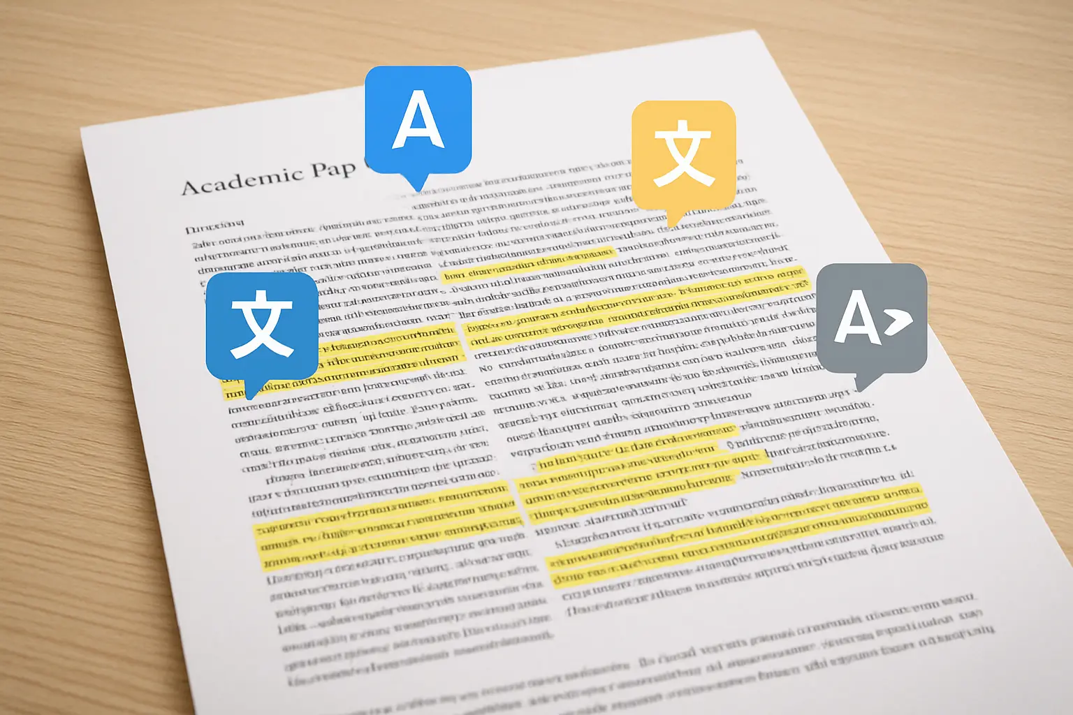 Academic paper with highlighted passages and floating language icons representing translated terminology