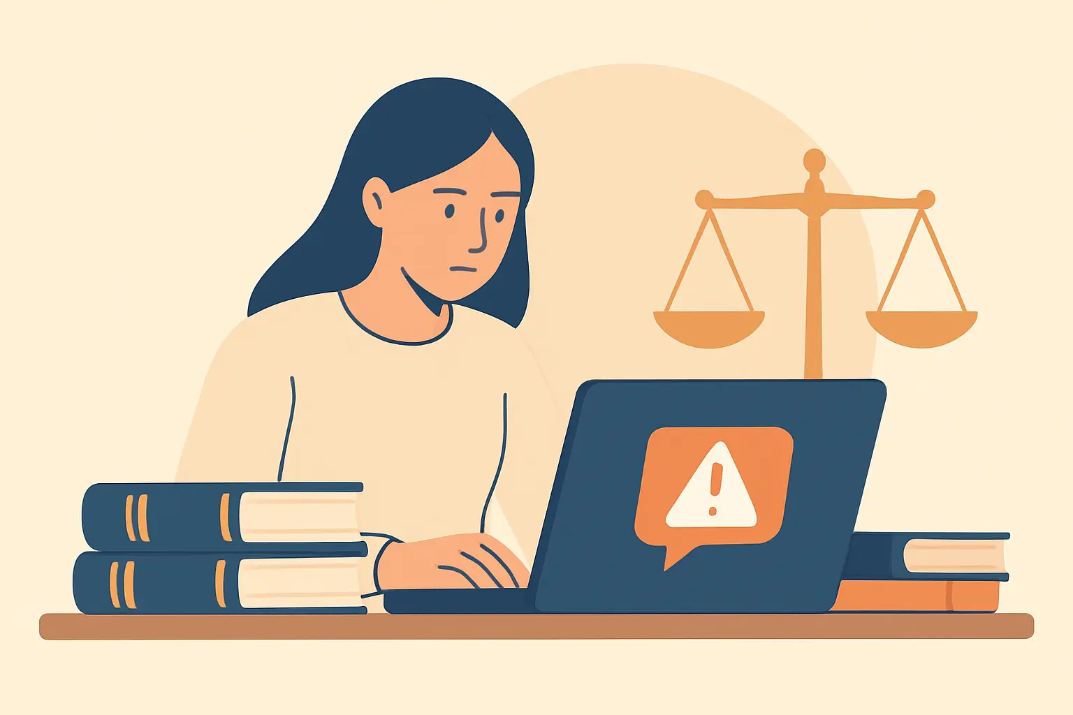 Law student weighing AI tool use against a scales-of-justice warning symbol