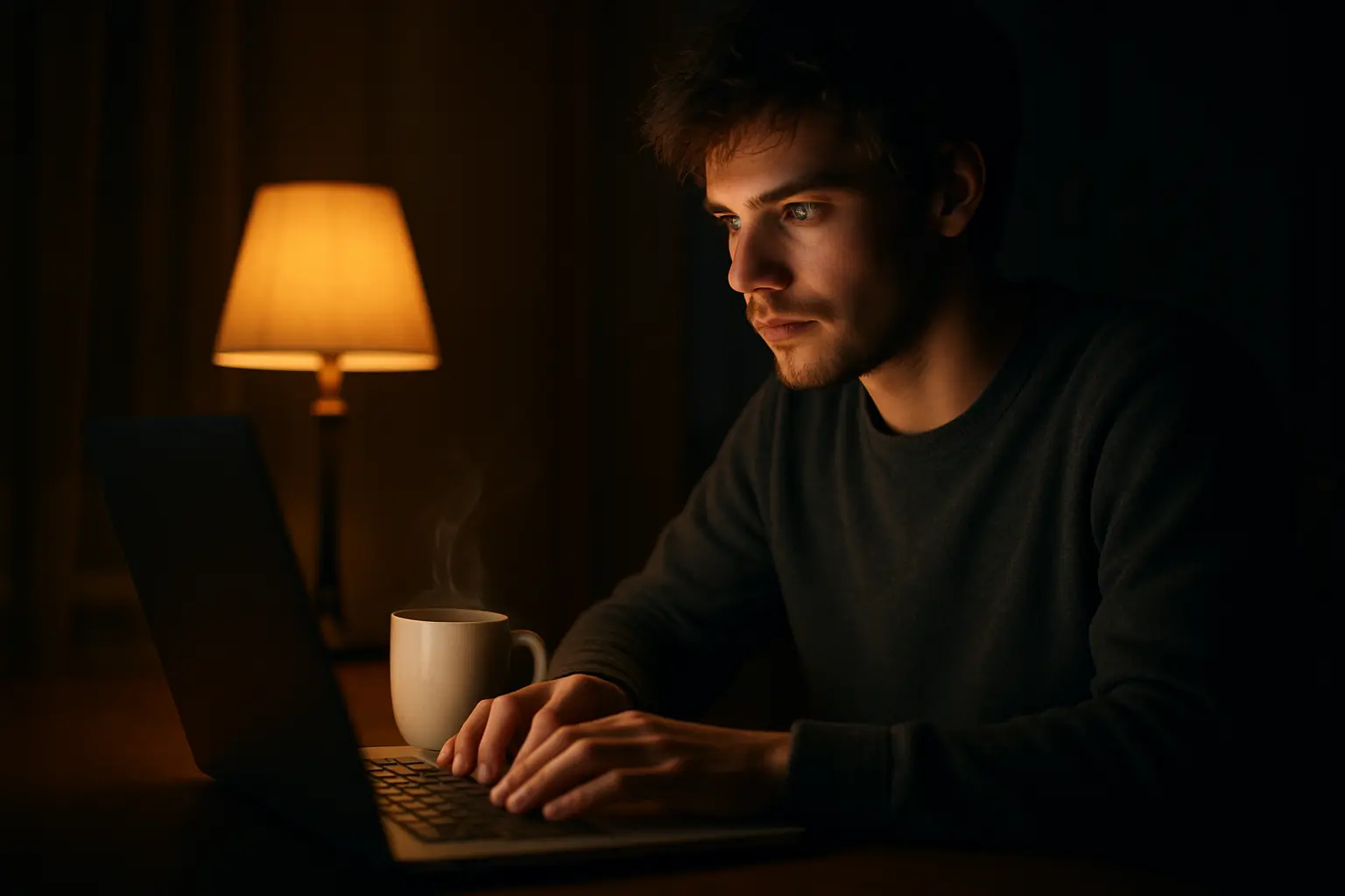 Student writing late at night with a laptop and a cup of coffee during a dissertation sprint