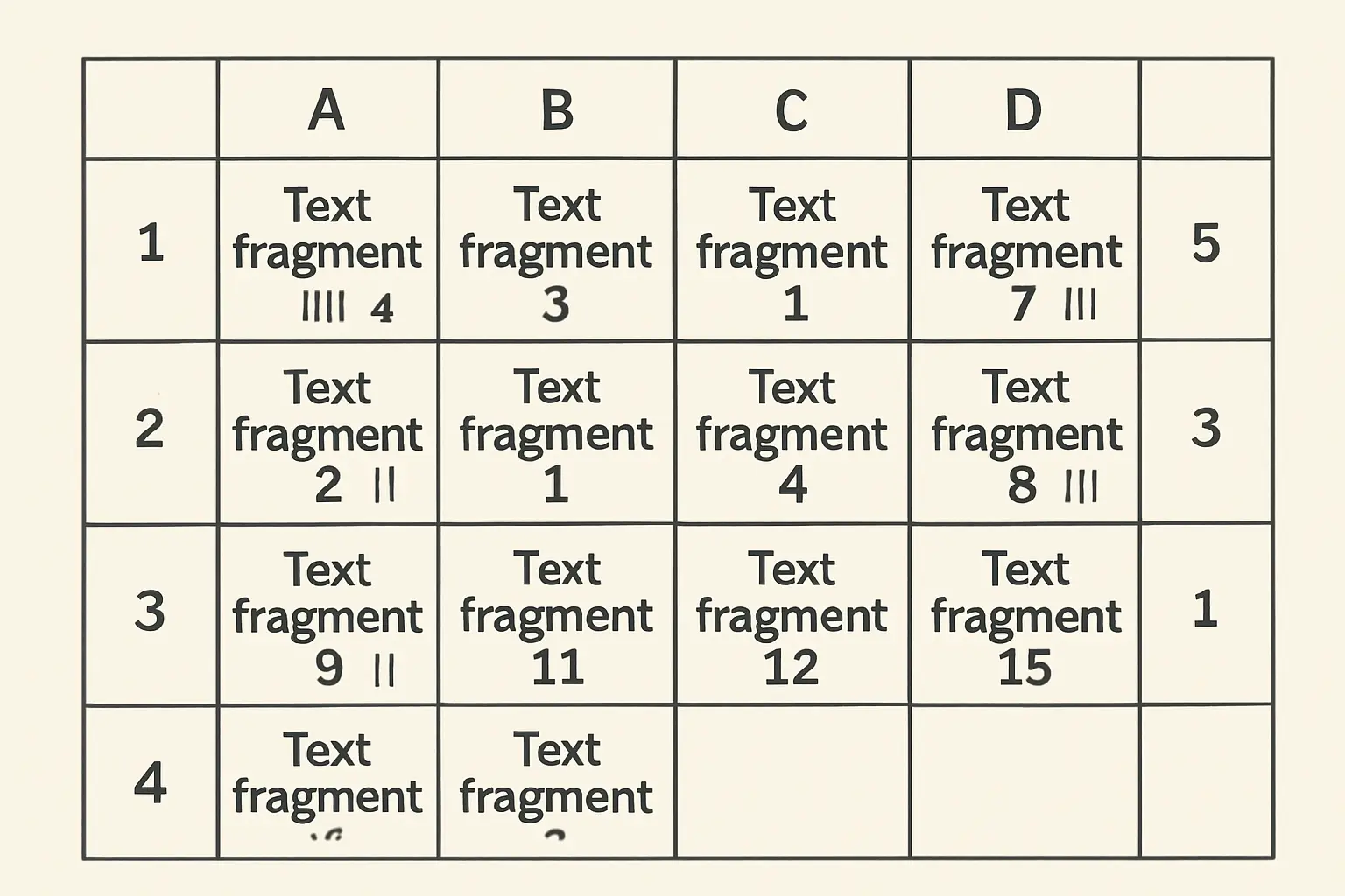 Systematic coding matrix showing text sorted into labelled category boxes for content analysis