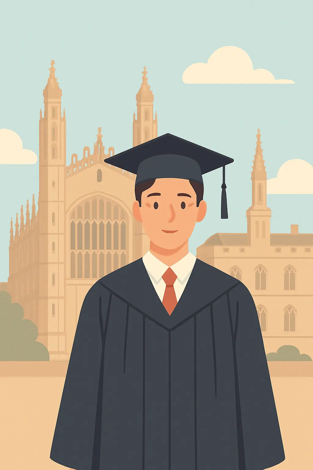Illustration of a graduate student in front of a Cambridge college chapel representing the Gates Cambridge Scholarship