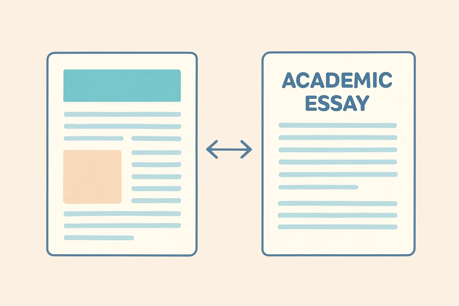 Flat vector diagram showing a published journalism piece linked to an accompanying critical reflection essay