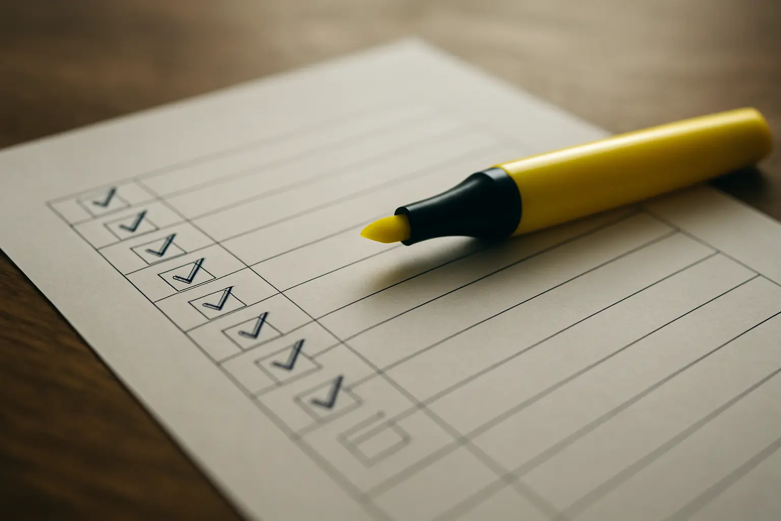 Printed mapping grid with rows ticked in pen and a highlighter resting on the page