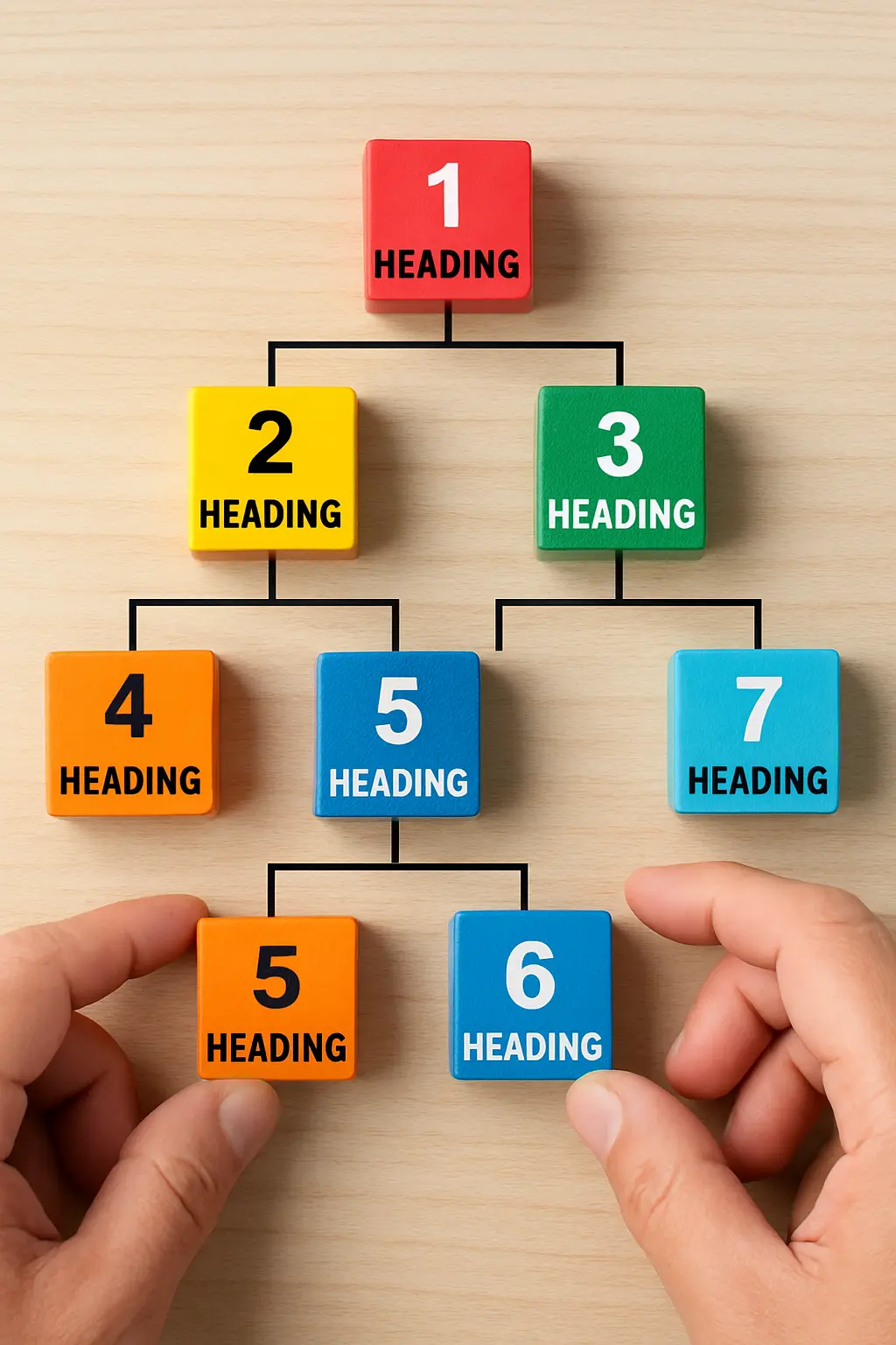 Hands arranging numbered heading blocks into a hierarchical outline structure