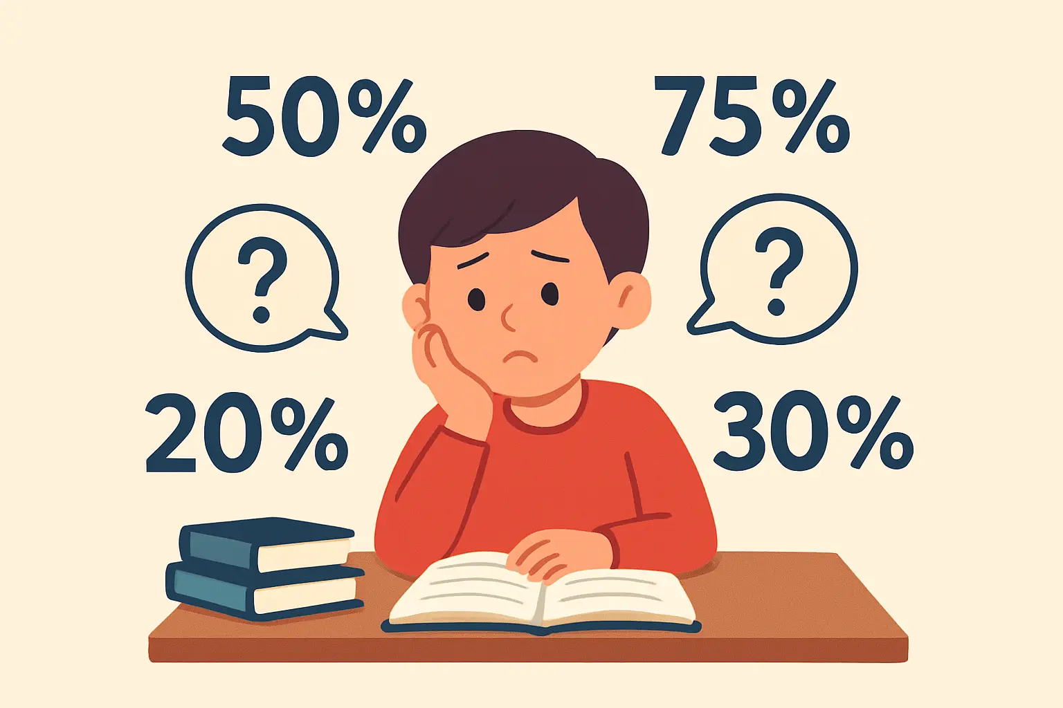 Illustration of a student surrounded by floating statistics and self-doubt thought bubbles