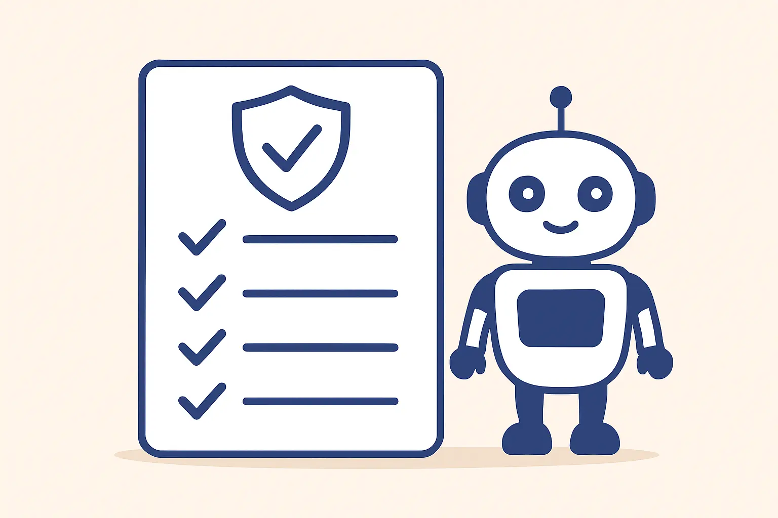 Illustration of an academic integrity checklist with a checkmark shield and a small robot icon