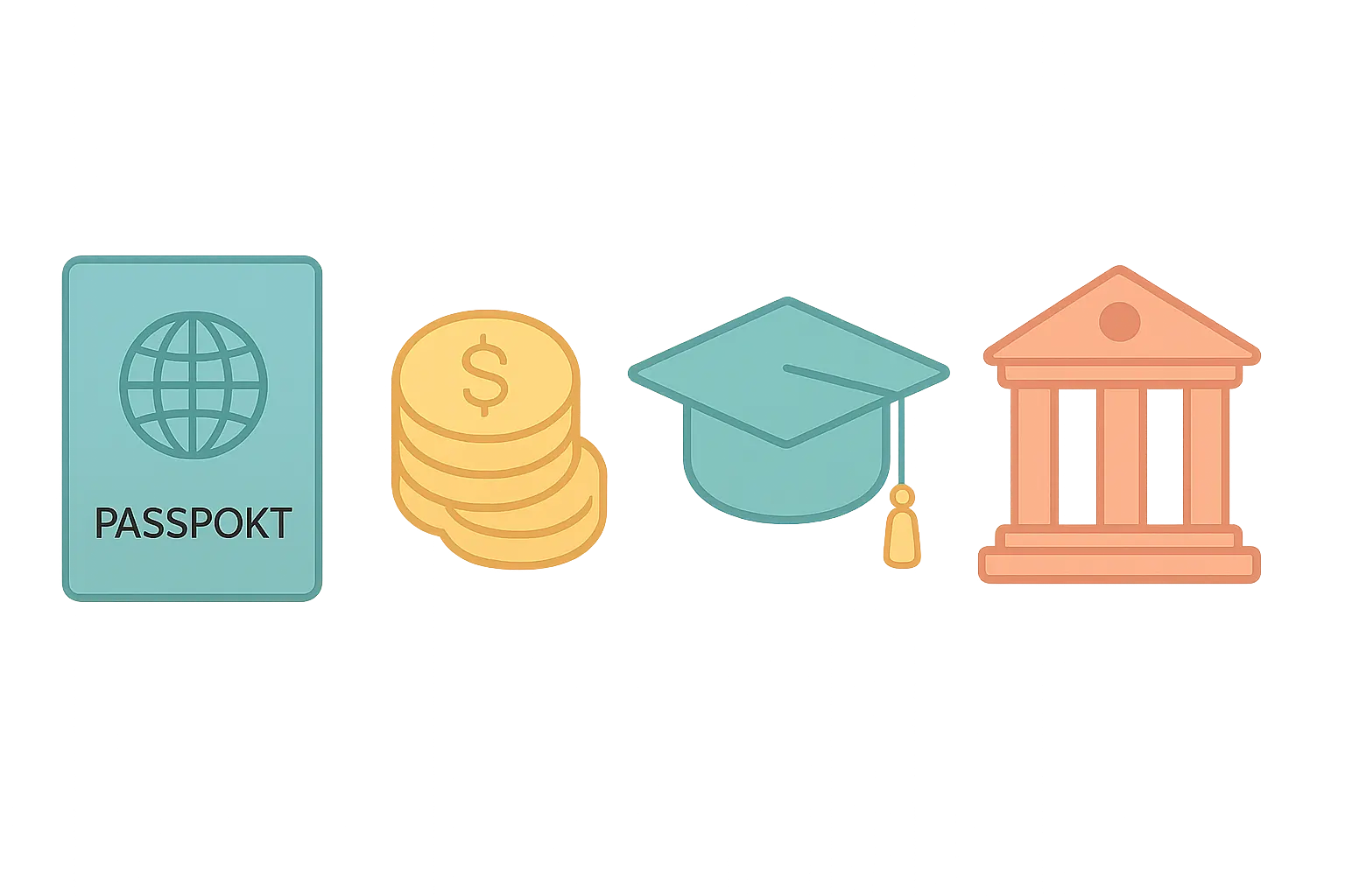 Icons representing a passport, funding, graduation cap, and university building for a Commonwealth Scholarship application